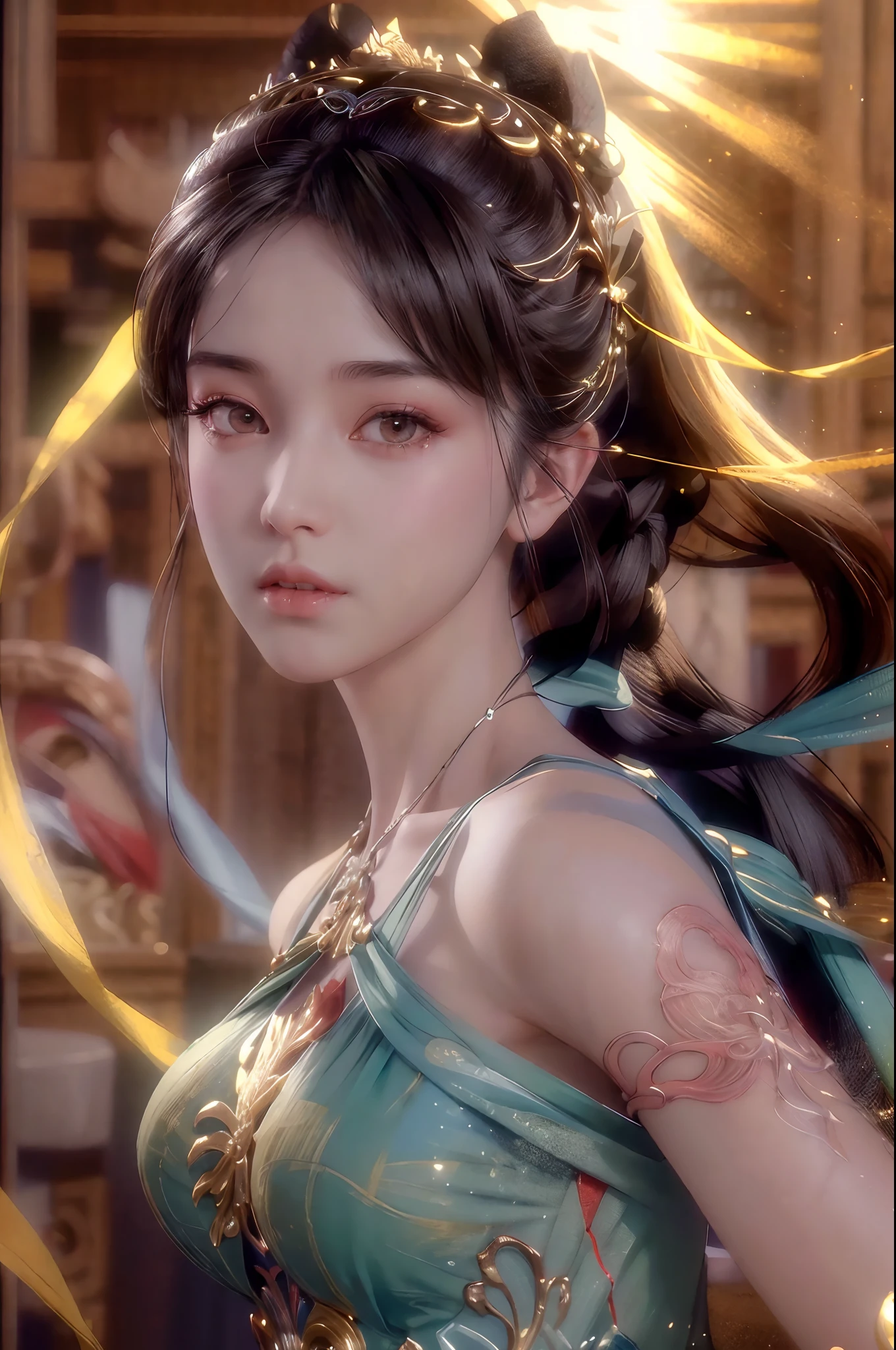 (RAW photo, best quality), (realistic, photo-realistic:1.3),best quality,highly detailed,masterpiece,ultra-detailed,illustration,1girl,upper_body,dynamic angle,world masterpiece theater,messy_long_hair,best quality,extremely detailed CG unity 8k wallpaper,ink,Amazing,cinematic lighting,lens_flare,,dunhuang_style