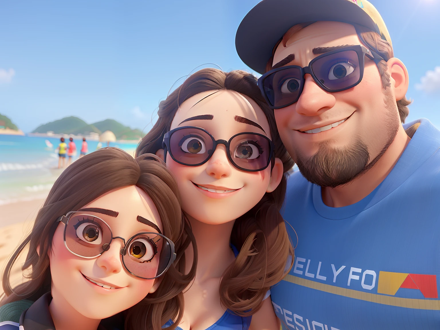 Menina, mulher e homem na praia, Everybody's wearing sunglasses.