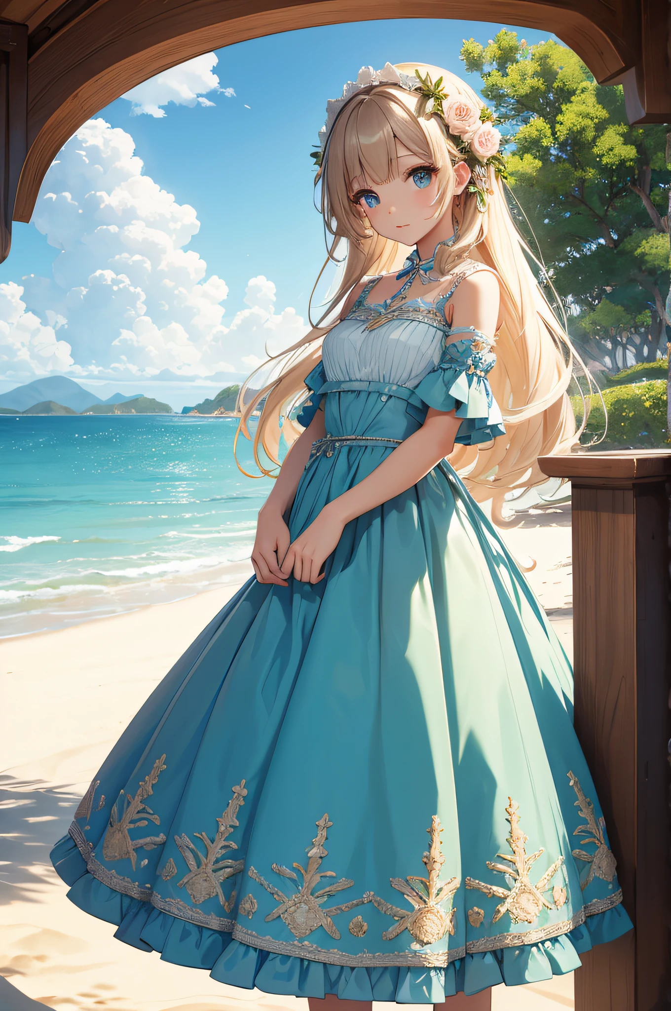 masterpiece、Background with((sea side、sand beach))、a beauty girl、Highly detailed embroidery on the dress、skirt by the、