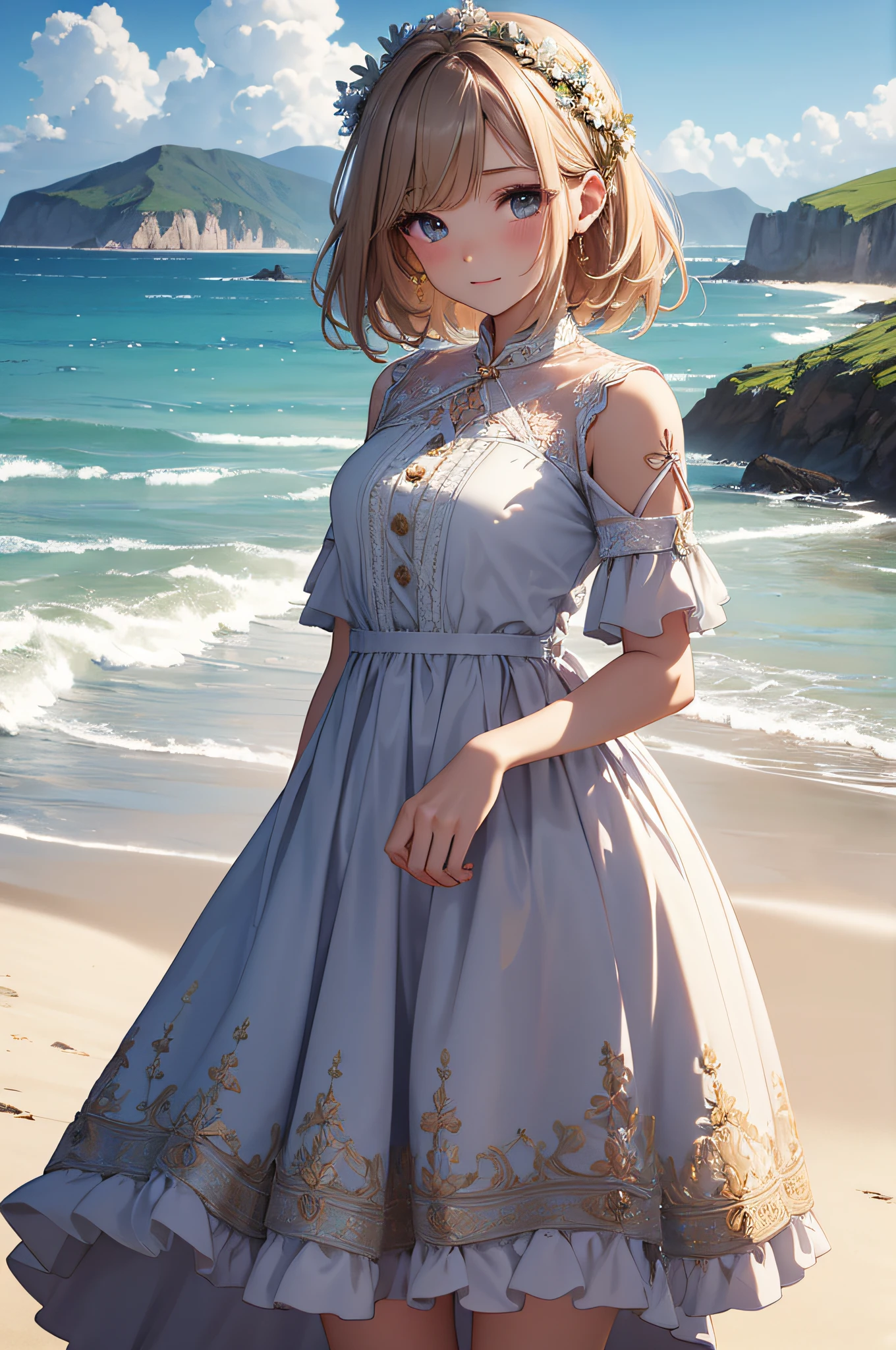 masterpiece、Background with((sea side、sand beach))、a beauty girl、Highly detailed embroidery on the dress、skirt by the、