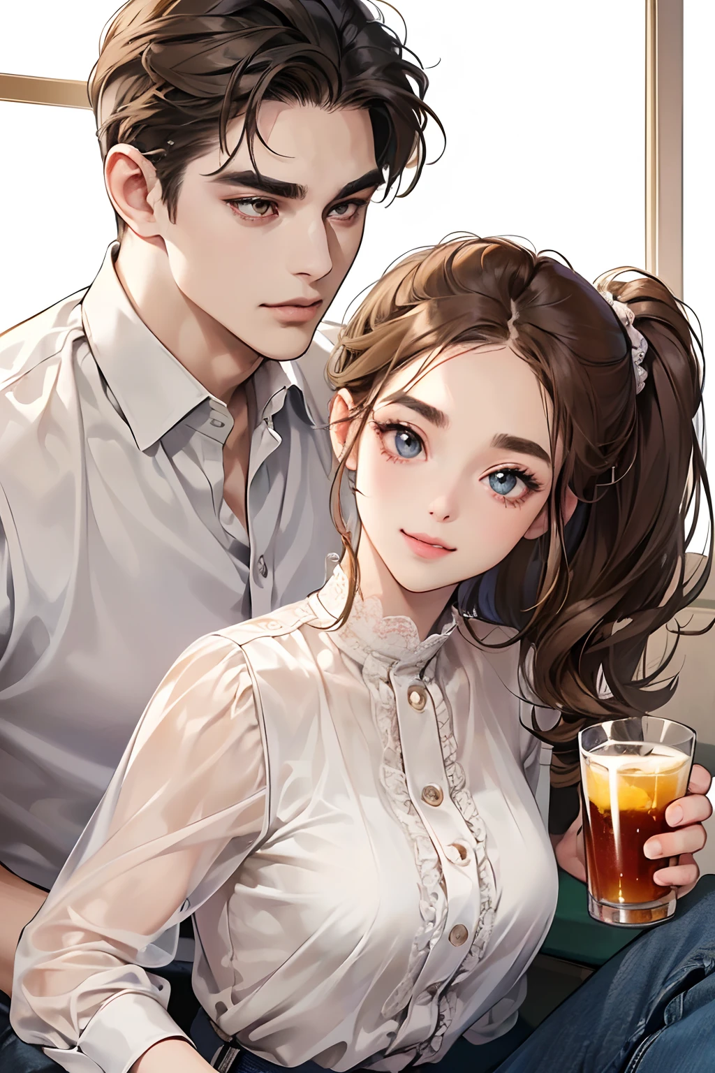 (masutepiece, Digital Art, Digital Illustration, 4K, 8K, Ultra-detailed, beautiful image, Sharp Image, Photorealistic, Raw photo, Perfect face, Perfect lines, Perfect eyes, Soft lighting) 1 woman, (lightbrown hair,Chignon hair in a high position,White lace shirt、Skinny Denim、Innocent look,Lowered eyebrows,drooping eyebrows,drooing eyes,cute large eyes,natural make up,kindly smile,Round jaws,23 y-o woman:1.3),Two handsome men in suits, (ember,Men in suits,well-muscled,Firm shoulder width,Adult male,Boyish hairstyle,English gentlemanly style,Man in his 30s with a cool expression,28-year-old man with bright smile:1.2),Drink at home、Drinking alcohol at home、drinking party、Nokure、heavy drinker、Plum wine、Toast with beer