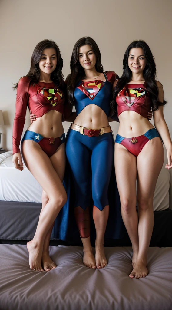 full body standing straight barefoot, long hair, triplets, holding hands on bed, sleeping together, superheroine girl, super sexy. best quality, realistic photo, cowboy shot, bedroom background, bed, sheet, pillow