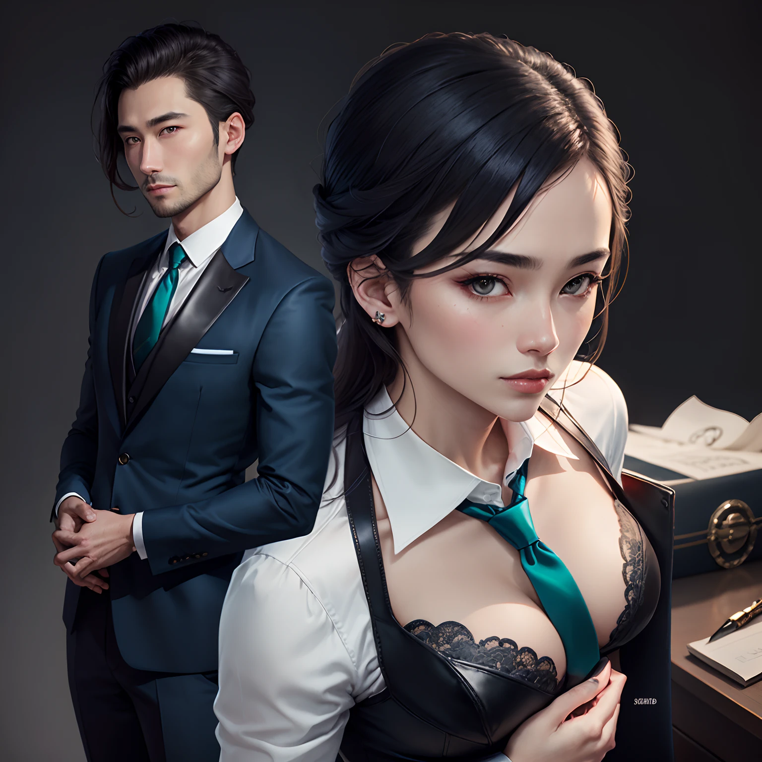 Portrait of a 30-year-old Japan man dressed in elegant and luxurious business style. Dressed in a dark blue Gucci tailored suit, White dress shirt, Blue Silk Tie, and black leather brogues. The appearance is elegant and sophisticated. Elegant business hairstyles for winter. ewd bra, Strong hold and smooth look, Gives a mature and confident appearance., dark backgrounds.