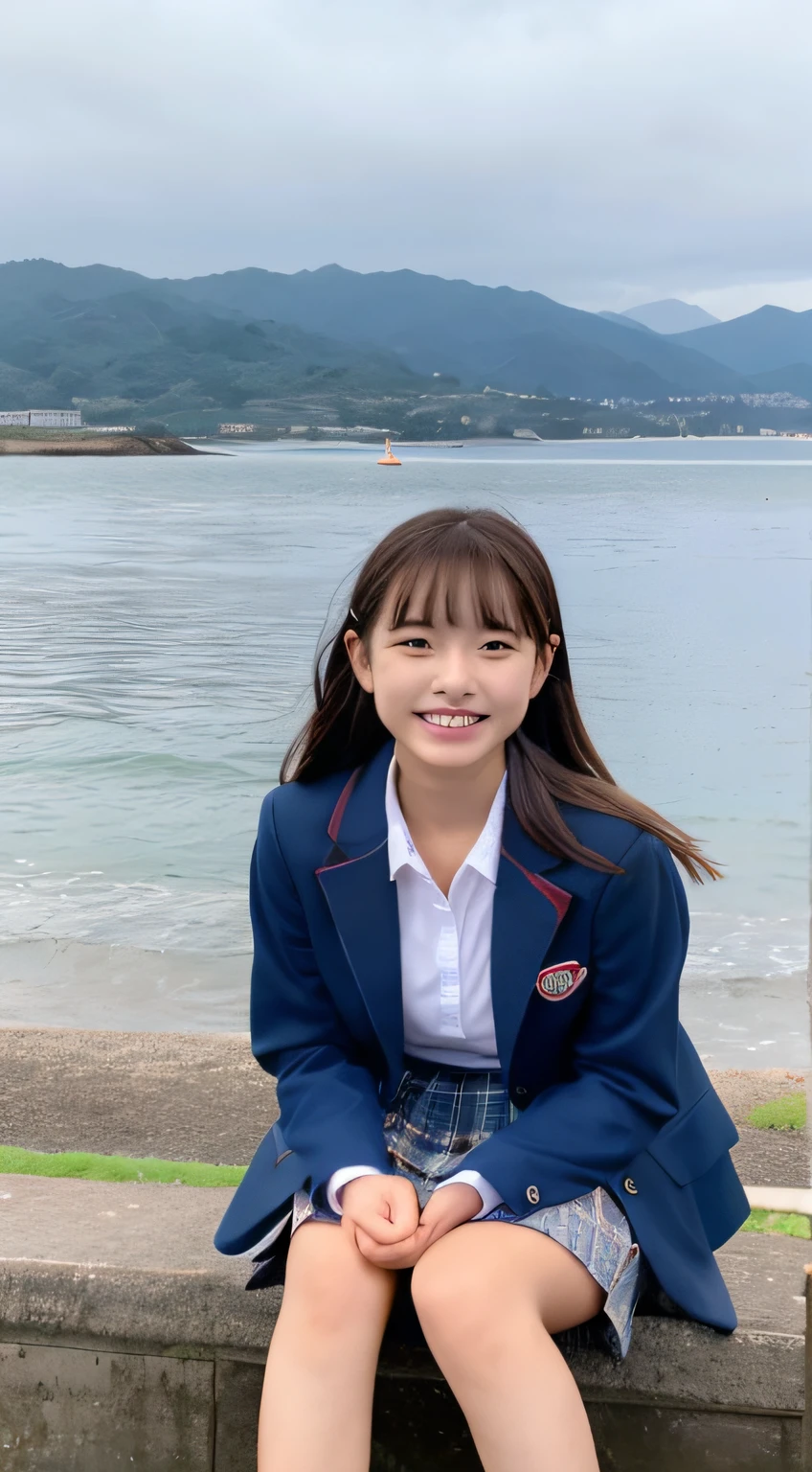 1. Highest Quality,girl with,  Image of a beautiful woman,full body Esbian,fullbody image,hi-school girl,Full body image high school student、She wears a red checked skirt and a blue blazer, Staring at us with a smile,Sea bench,fullbody image,Glowing beaches