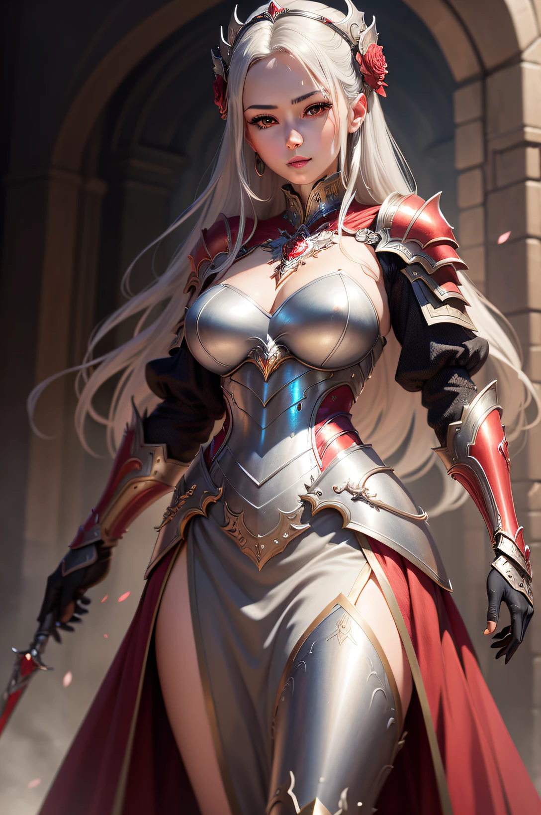 Close up portrait of woman in silver and red dress, detailed fantasy art, amazing character art, fanart best artstation, Magnificent and exquisite character art, Beautiful armor, extremely detailed art, Detailed Digital Anime Art , Artgerm no ArtStation pixiv(Art Germ's Art Station pixiv), Mature woman in armor