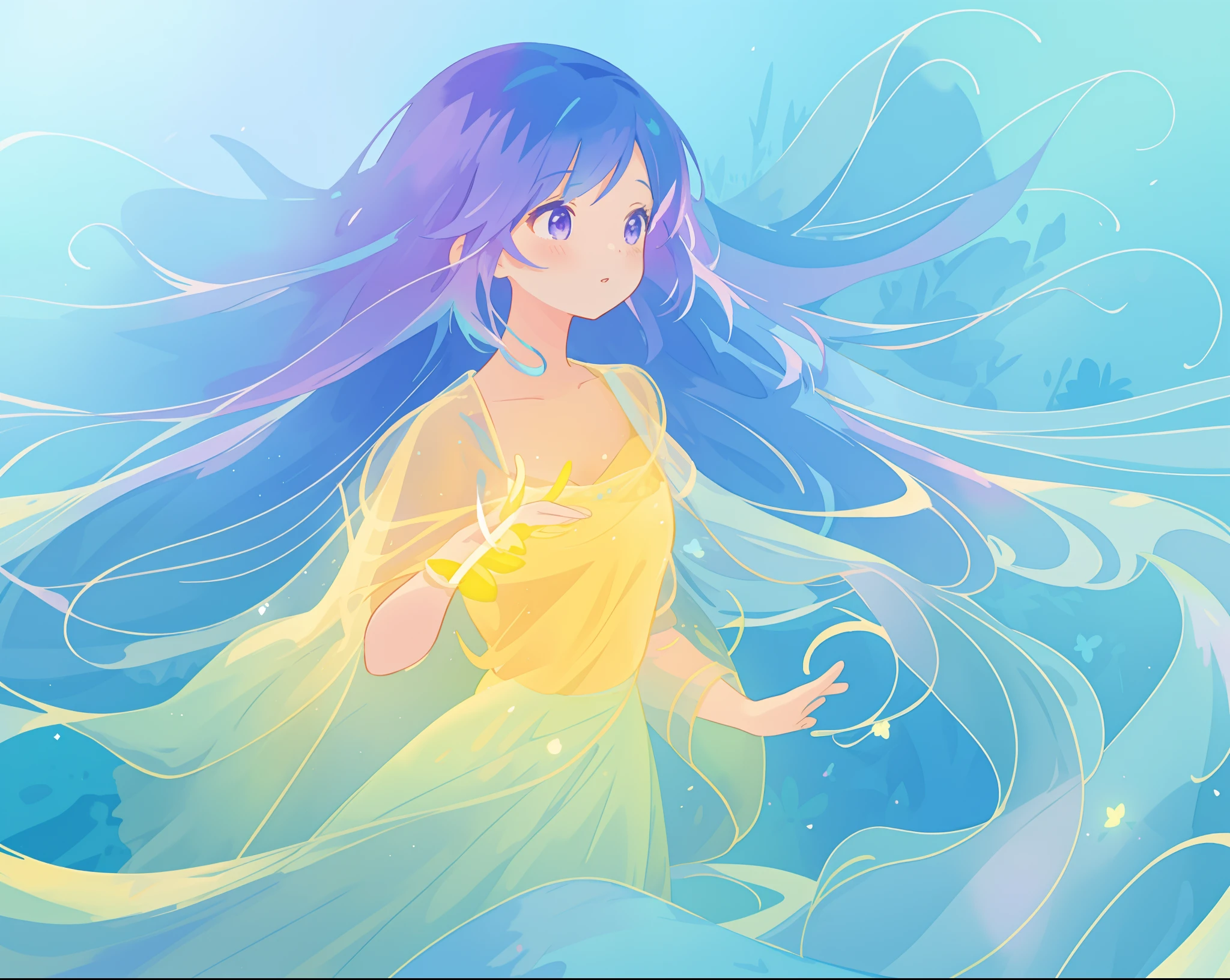beautiful girl in yellow mint gradient flowing ballgown, long flowing blue purple hair, colorful fantasia background, watercolor illustration, disney art style, glowing aura around her, glowing lights, beautiful digital illustration, fantasia otherworldly landscape plants flowers, beautiful, masterpiece, best quality, anime disney style