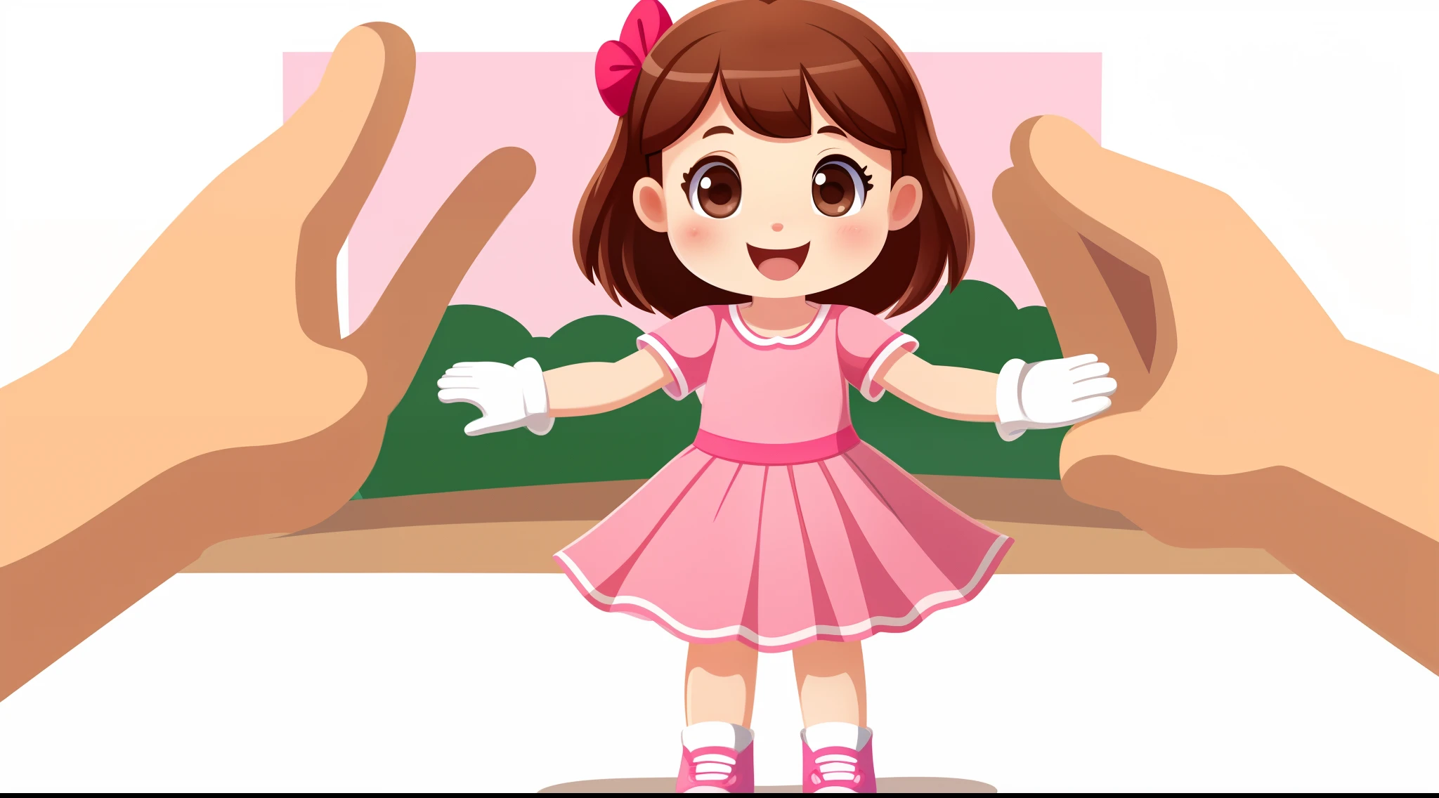 front image of a single 5 year old girl waving her hands, alone, happy, with brown hair, brown eyes, rosy cheeks, pink dress, white gloves, pink shoes, full body, white background, 2D style children's illustration.