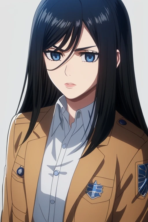 1girl, teenage girl, closeup, solo, lips, masterpiece, (long black hair), (loose, wavy hair), beautiful, scouting uniform, deep blue eyes, (round eyes), aot style, serious expression, ((bangs in hair)), highlights in eyes, proper anatomy