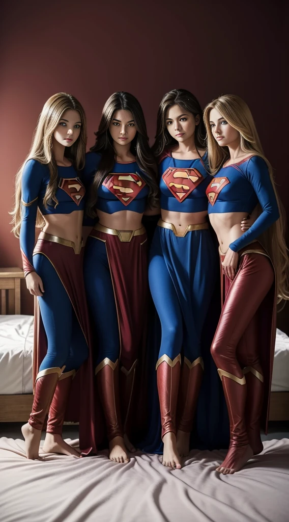 full body standing straight barefoot, long hair, triplets, holding hands on bed, sleeping together, superheroine girl, super sexy. best quality, realistic photo, cowboy shot, bedroom background, bed, sheet, pillow