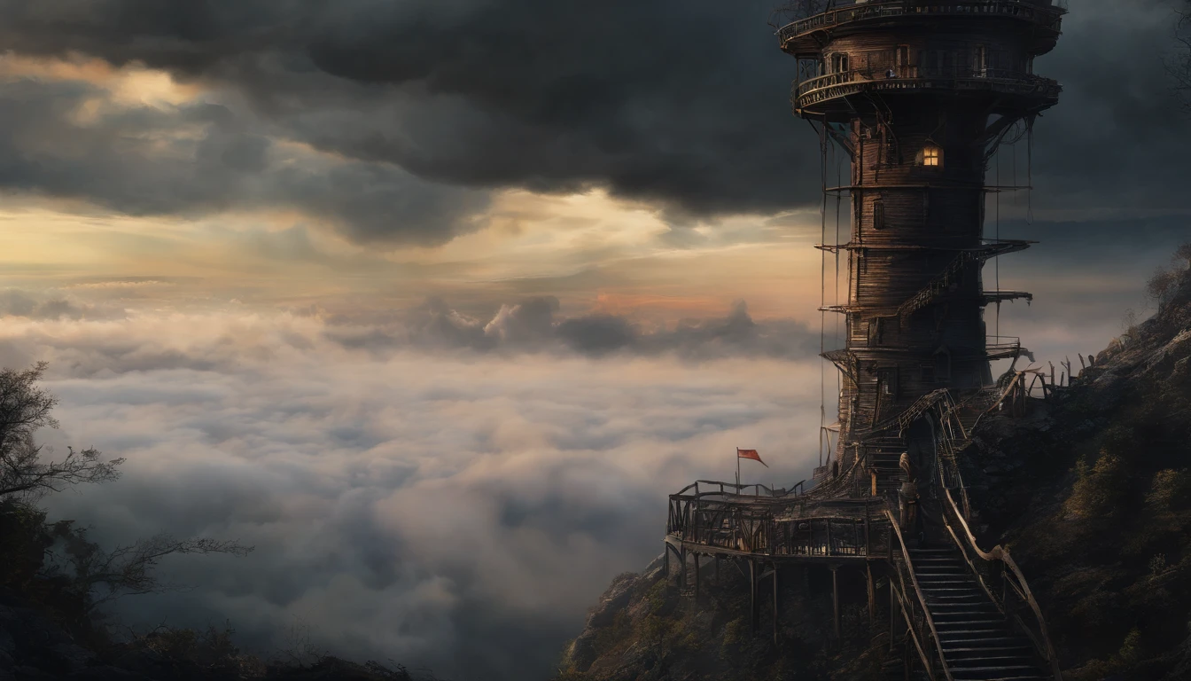(Best quality,4K,8K,A high resolution,Masterpiece:1.2),Ultra-detailed,(Realistic,Photorealistic,photo-realistic:1.37), The boy stood at the very top of a tall, narrow iron tower, No way, Look down from a boy's point of view,The towers sway from side to side, Terrifying, On his own, Detailed tower structure, Dark and looming sky, The boy's eyes were filled with fear, Trembling hands, Realistic depiction of the height and thickness of the tower, Strong winds blowing, There are no other living souls around, Vast emptiness, A spiral staircase leading to the top, Rust and rot, eerie silence, Extreme altitude triggers vertigo, The supernatural thinness of the tower, Dense fog obscures view, creepy atmosphera, A sense of imminent danger, The boy's heart pounded in his chest.