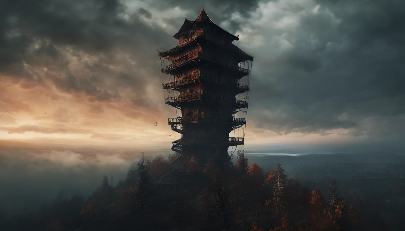 (Best quality,4K,8K,A high resolution,Masterpiece:1.2),Ultra-detailed,(Realistic,Photorealistic,photo-realistic:1.37), The boy stood at the very top of a tall, narrow iron tower, No way, Look down from a boy's point of view,The towers sway from side to side, Terrifying, On his own, Detailed tower structure, Dark and looming sky, The boy's eyes were filled with fear, Trembling hands, Realistic depiction of the height and thickness of the tower, Strong winds blowing, There are no other living souls around, Vast emptiness, A spiral staircase leading to the top, Rust and rot, eerie silence, Extreme altitude triggers vertigo, The supernatural thinness of the tower, Dense fog obscures view, creepy atmosphera, A sense of imminent danger, The boy's heart pounded in his chest.