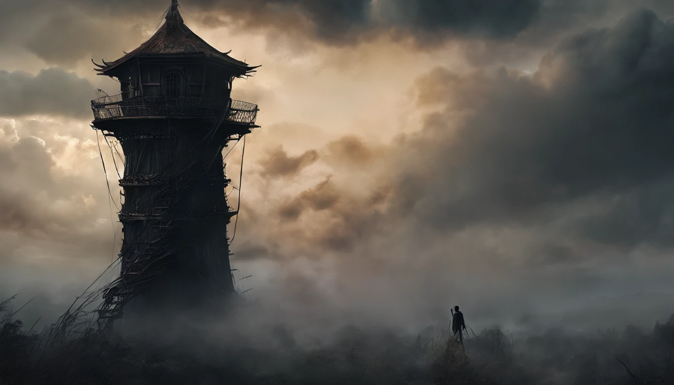 (Best quality,4K,8K,A high resolution,Masterpiece:1.2),Ultra-detailed,(Realistic,Photorealistic,photo-realistic:1.37), The boy stood at the very top of a tall, narrow iron tower, No way, Look down from a boy's point of view,The towers sway from side to side, Terrifying, On his own, Detailed tower structure, Dark and looming sky, The boy's eyes were filled with fear, Trembling hands, Realistic depiction of the height and thickness of the tower, Strong winds blowing, There are no other living souls around, Vast emptiness, A spiral staircase leading to the top, Rust and rot, eerie silence, Extreme altitude triggers vertigo, The supernatural thinness of the tower, Dense fog obscures view, creepy atmosphera, A sense of imminent danger, The boy's heart pounded in his chest.