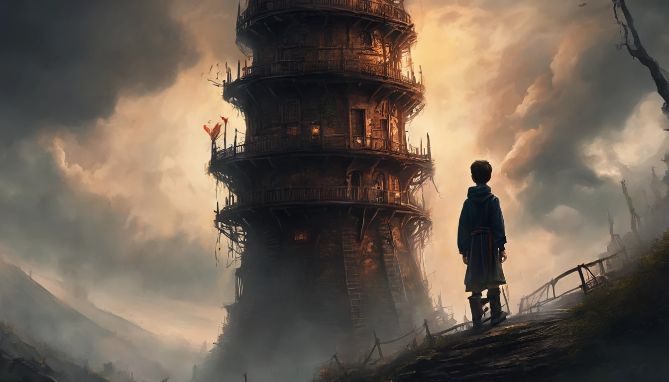 (Best quality,4K,8K,A high resolution,Masterpiece:1.2),Ultra-detailed,(Realistic,Photorealistic,photo-realistic:1.37), The boy stood at the very top of a tall, narrow iron tower, No way, Look down from a boy's point of view，The towers sway from side to side, Terrifying, On his own, Detailed tower structure, Dark and looming sky, The boy's eyes were filled with fear, Trembling hands, Realistic depiction of the height and thickness of the tower, Strong winds blowing, There are no other living souls around, Vast emptiness, A spiral staircase leading to the top, Rust and rot, eerie silence, Extreme altitude triggers vertigo, The supernatural thinness of the tower, Dense fog obscures view, creepy atmosphera, A sense of imminent danger, The boy's heart pounded in his chest.