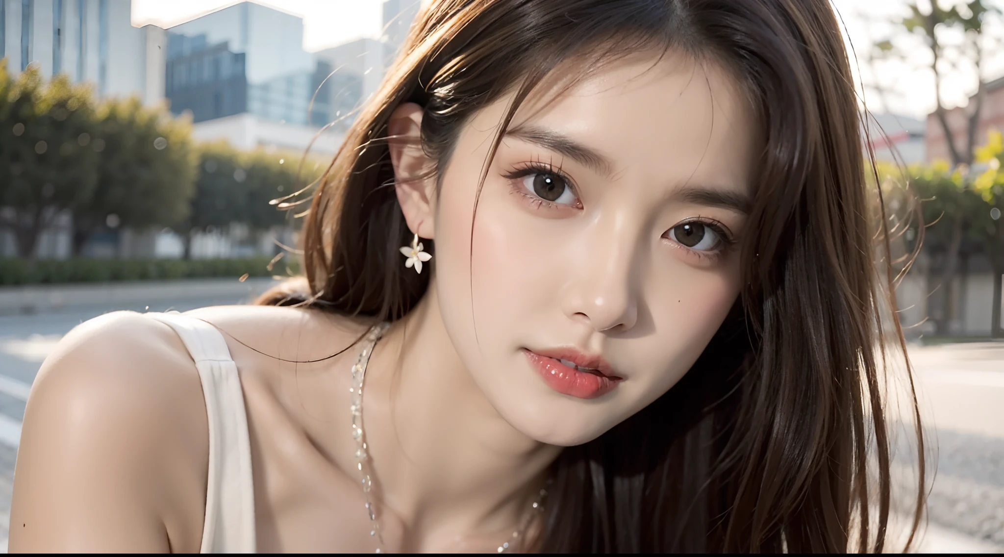 Random posture,1girl in,Seduce, Upper body:1.5 beautiful breasts, Lips, Realistic, Photo_\(Medium\), Solo, (masutepiece),(Photorealistic:1.3), Ultra-detailed, (High detailed skin:1.2),(Best Quality:1.0), (超A high resolution:1.0), (ulzzang-6500:0.3), Beautiful and clear eyes, delicate necklaces,Sunshine, (Beautiful detailed makeup), (sexually aroused blushing heavy breathing:1.0), (soft glow bloom:0.5),Mole under the eyes:1.7,A smile