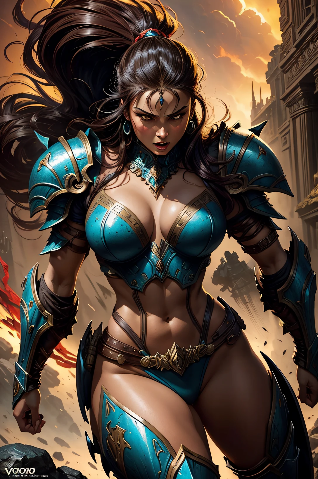 Illustrations similar to the work of Frank Frazetta, It depicts a woman in ferocious armor, Bold and intense colors, Determined expression, Dramatic Lighting, Epic Atmosphere - V 5 - Stylize 1000