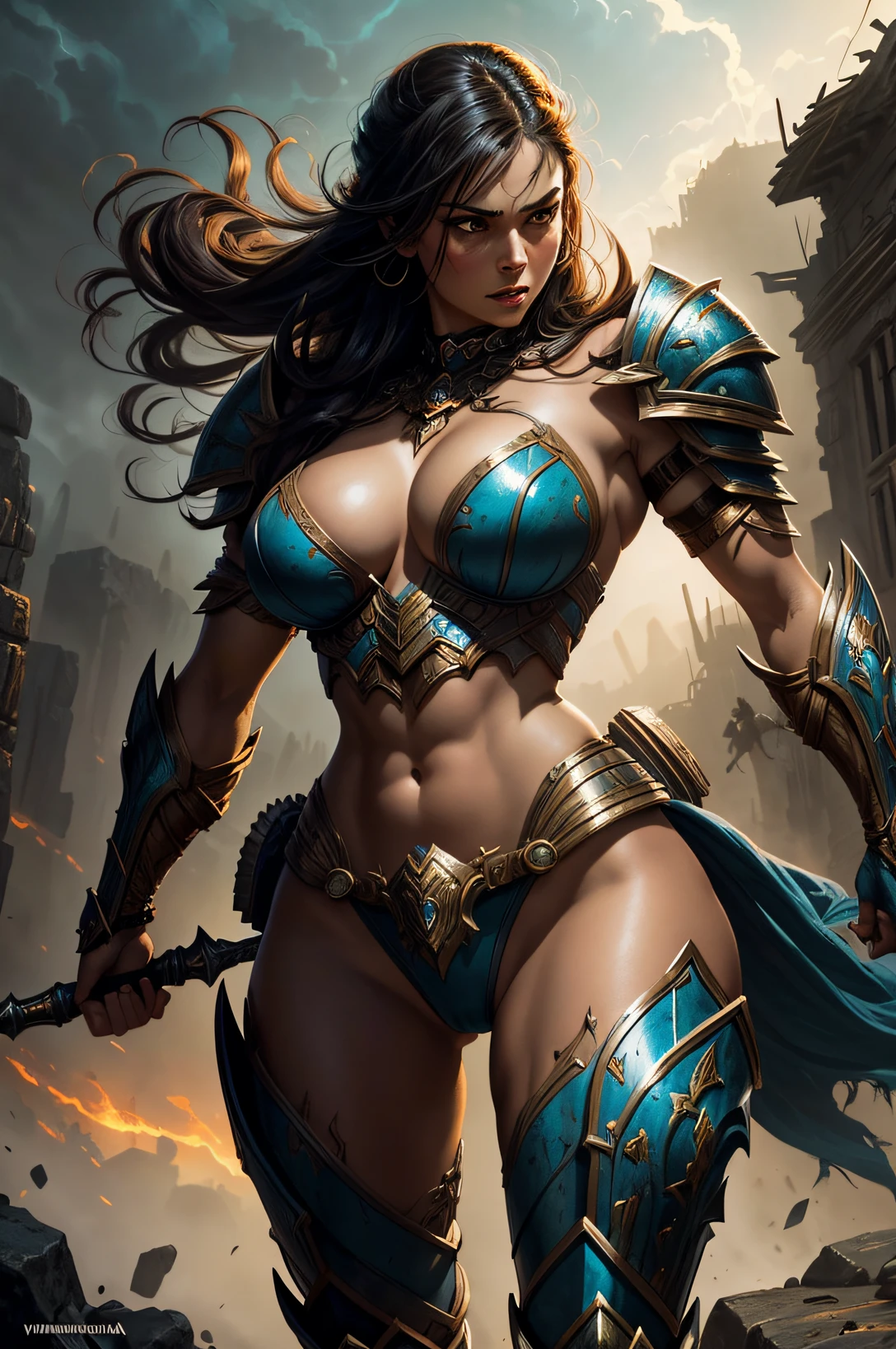 Illustrations similar to the work of Frank Frazetta, It depicts a woman in ferocious armor, Bold and intense colors, Determined expression, Dramatic Lighting, Epic Atmosphere - V 5 - Stylize 1000