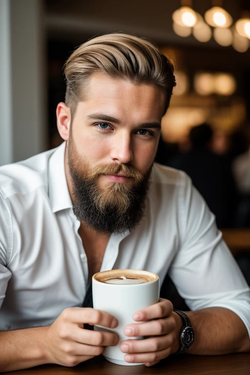 man, masterpiece, best quality, 8k, raw, canon 5d, f/1.8, iso 6400, RAW Photo, A handsome blond man with a beard sitting drinking a coffee inside a cafe, (Best Quality), (Ultra Sharp), (Ultra Realistic), (Ultra Resolution), (Ultra Detailed), (Ultra Detailed) Definition), 8k, HD, realistic image, DSLR, detailed skin, detailed face, hyper realistic, (highly detailed skin: 1.2), 8k uhd, dslr, soft lighting, high quality, film grain, Fujifilm XT3