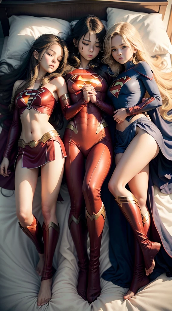 full body standing straight bareoot, long hair, triplets, holding hands on bed, sleeping together, superheroine girl, super sexy. best quality, realistic photo, cowboy shot, bedroom background, bed, sheet, pillow