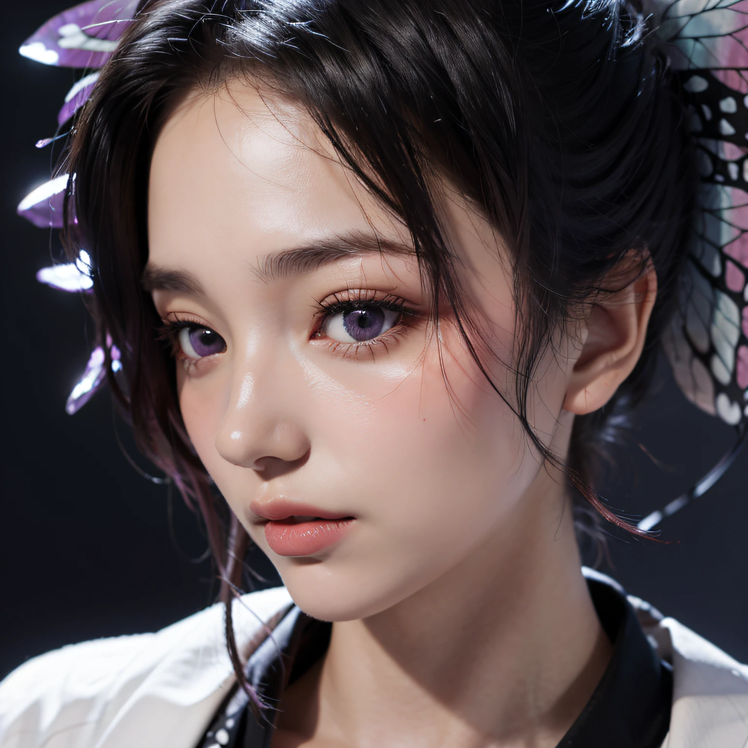 (Phalaenopsis Shinobu、Photorealsitic: 1.4, 8K, Raw photo, masutepiece, Best Quality, High school students、hight resolution、ultra-detailliert、detaile、authentic skin、Detailed skin, eyes and face、Sharp pupils、Realistic pupils)、_ふしだらな_kimono、
