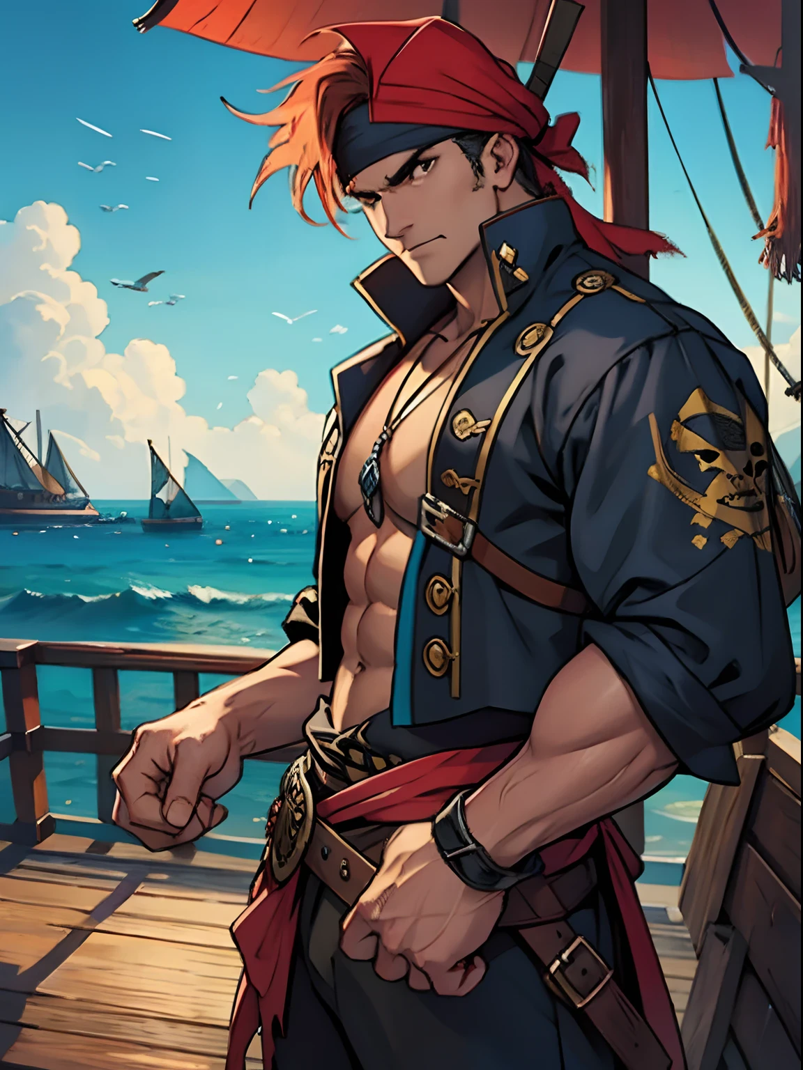 foreground(A strong male pirate,Sly expression,Rusty knives)Background with(deck,the sea)
