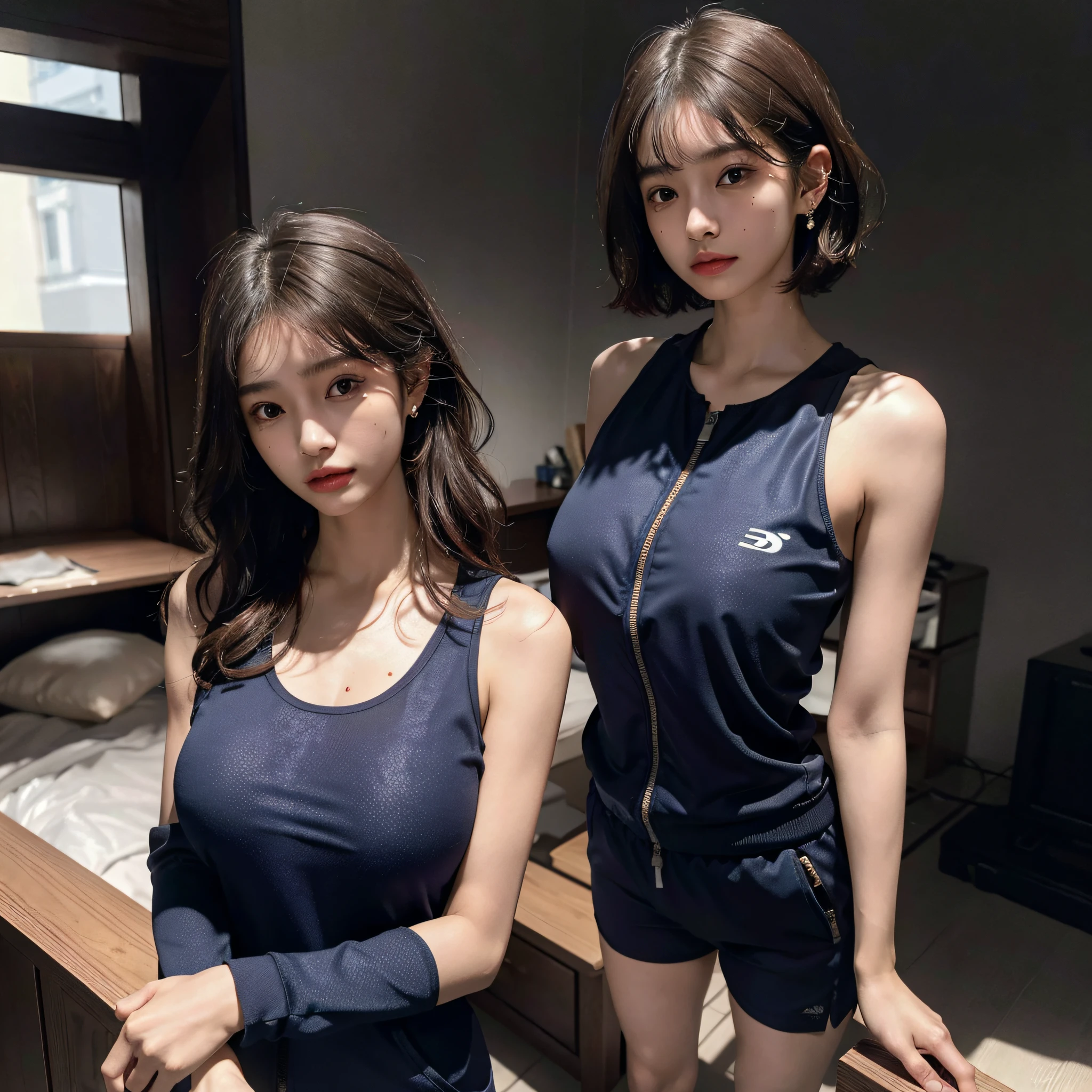 absurdres, RAW photo, extremely delicate and beautiful, masterpiece, Best Quality, ultra high resolution, 16k, hyperrealistic, ultra-detailed, perfect anatomy, super Detailed skin, perfect figure, Very detailed CG 8k wallpaper, Beautiful Lighting, Perfect Lightning, Realistic Shadows, in her 20s, very Slim body, narrow waist, very small head, very small face, tearful mole, earring, ((very huge round breasts)), ((3 girls)), ((full body shot)), short hair, wavy hair, sweat, sleeveless, ((track suit)),