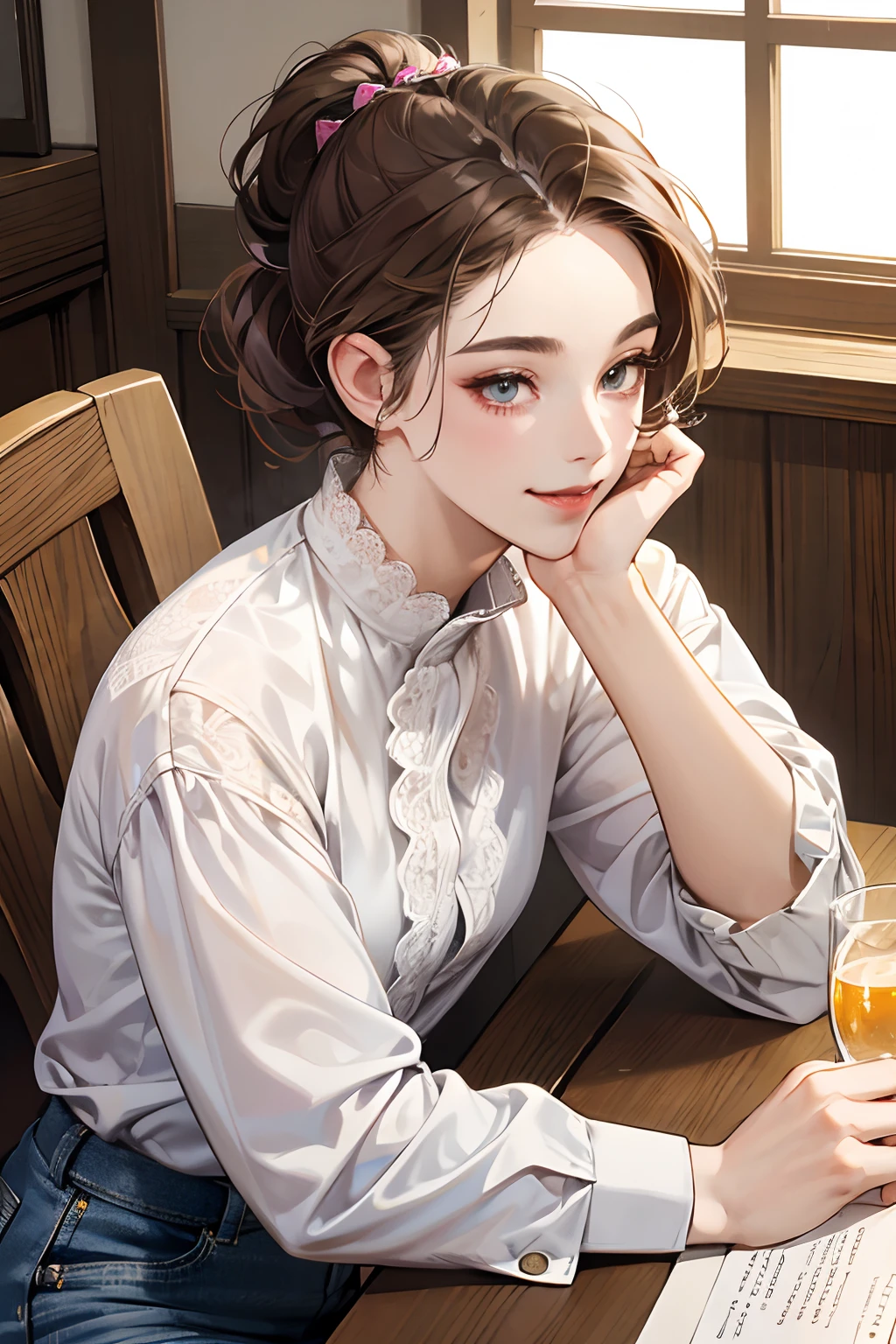 (masutepiece, Digital Art, Digital Illustration, 4K, 8K, Ultra-detailed, beautiful image, Sharp Image, Photorealistic, Raw photo, Perfect face, Perfect lines, Perfect eyes, Soft lighting) 1 woman, (lightbrown hair,Chignon Hair,Innocent look,drooping eyebrows,drooing eyes,with round face,Round jaws、Innocence,cute little,big eye,natural make up,kindly smile,E-cup,23 y-o woman:1.3),Two handsome men in suits, (ember,Men in suits,well-muscled,Firm shoulder width,Adult male,Boyish hairstyle,Man in his 30s with a cool expression,28-year-old man with bright smile:1.2),Drink at home、Drinking alcohol at home、Kiriko glass、Shot Glass、tequila、lime、Please enjoy and make noise、the kiss、kiss、a couple、couple kissing、Romance、Cheers