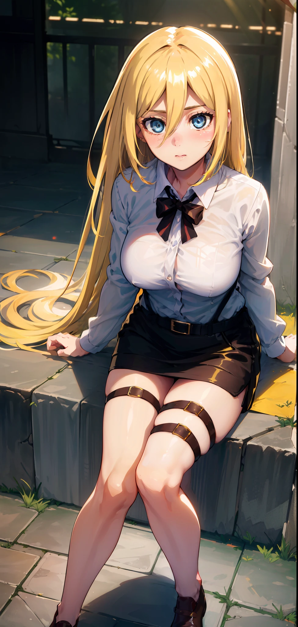 (day:1.7), Forest background,
sitting on the floor,long sleeves,belt, Black_pencil_skirt,
thigh strap, thighs,
blonde hair,blue eyes,bangs, Long_hair,(hair between eyes:1.3),
1 girl, 20yo,mature female,Beautiful Finger,Beautiful long legs,Beautiful body,Beautiful Nose,Beautiful character design, perfect eyes, perfect face,
looking at viewer, in the center of the image,focus on face,
NSFW,official art,extremely detailed CG unity 8k wallpaper, perfect lighting,Colorful, Bright_Front_face_Lighting,
(masterpiece:1.0),(best_quality:1.0), ultra high res,4K,ultra-detailed,
photography, 8K, HDR, highres, absurdres:1.2, Kodak portra 400, film grain, blurry background, bokeh:1.2, lens flare, (vibrant_color:1.2)
(Beautiful,Large_Breasts:1.2), (beautiful_face:1.5),(narrow_waist),