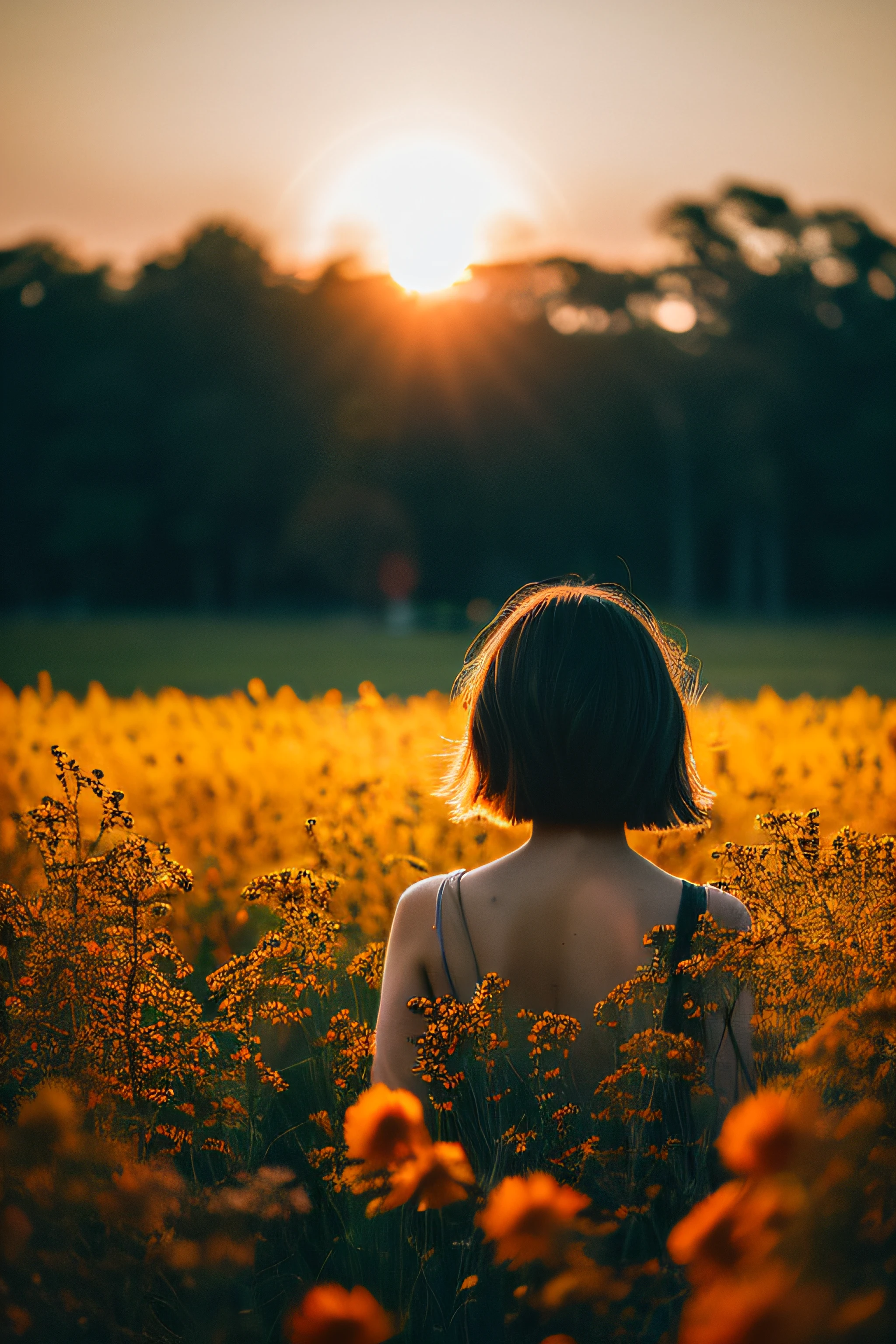 Sunset Shot, Surreal, flower field, Stars, Overhead, a closeup, High resolution, Hyper-Realism, Long exposure, (Silhouette: Woman Alone、Short hair:1.3)、(Rear view:1.3),、Looking over your shoulder at sunset、 The best Leica cameras, Best Leica Lenses, Ultra HD, 32K, Photo, poster for, a portrait photo of, conceptual art,