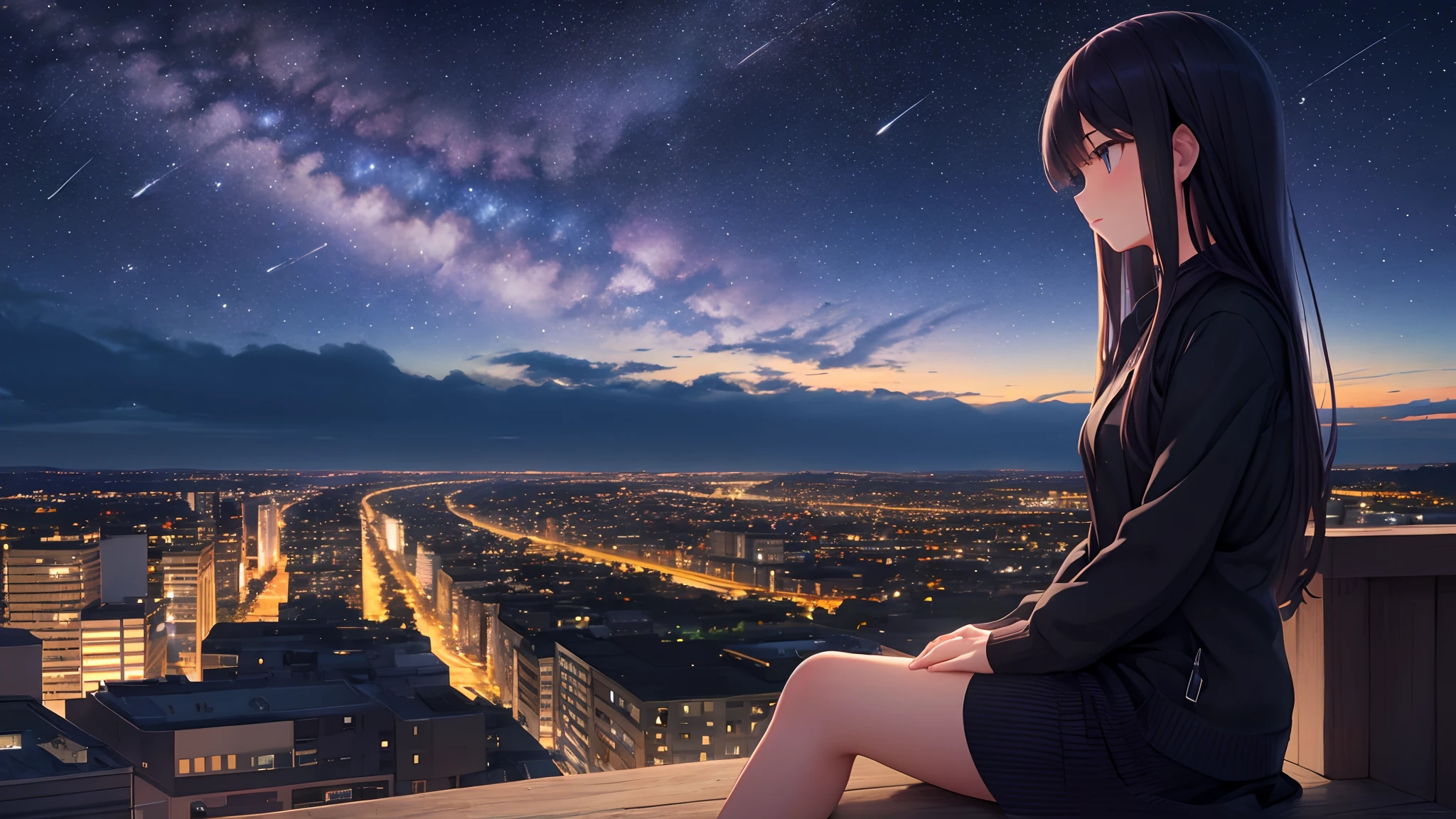 octans, sky, star (sky), scenery, starry sky, night, 1girl, night sky, solo, outdoors, building, cloud, milky way, sitting, tree, long hair, city, silhouette, cityscape