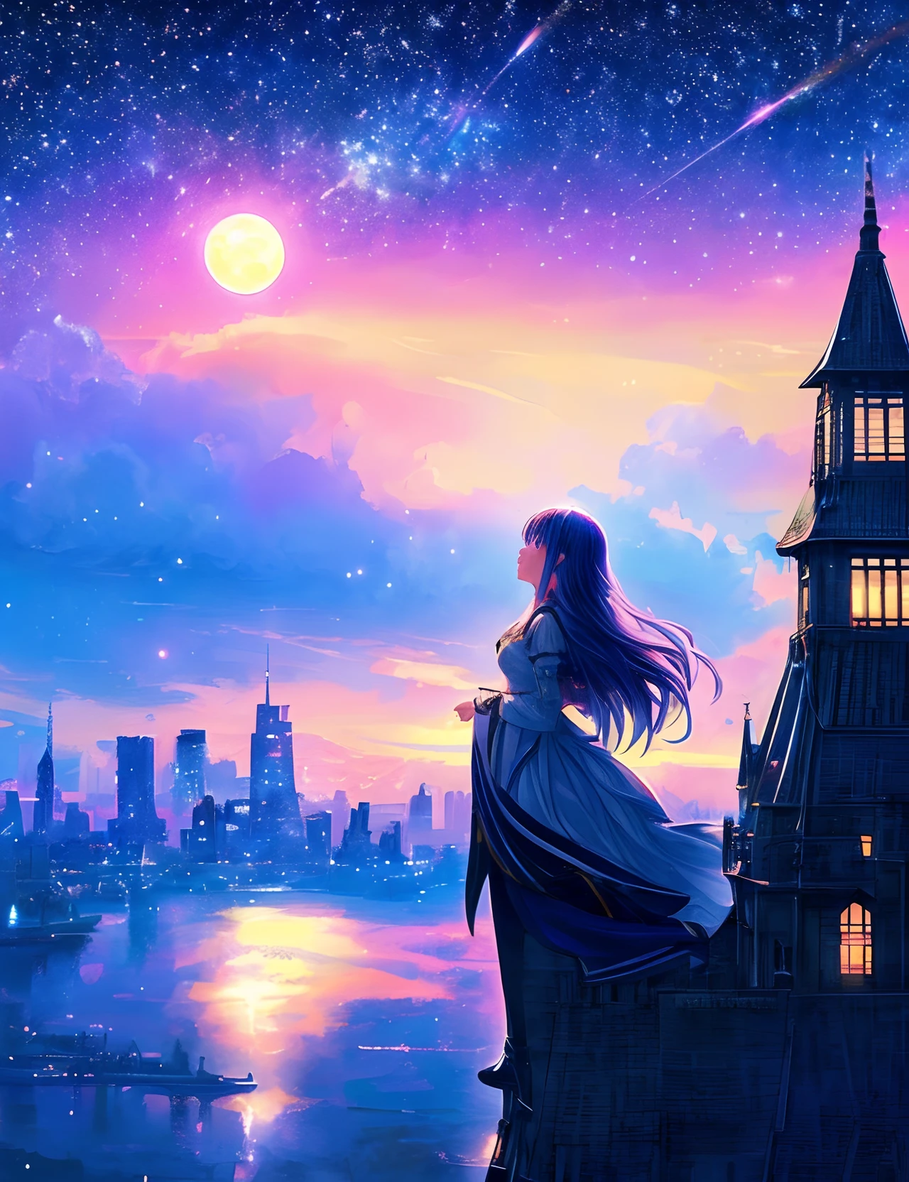 ((A girl who is depicted subjectively looking up in profile))、((Crying girl))、Profile girls、The colorful Metropolitan Museum of Art in the background、River painting with stars and moon in rainbow sky、the met、Shining skyscrapers、Shine across the board、Skyscrapers、Concept art inspired by Mitsuoki Tosa、pixiv contest winners、top-quality、Fantasyart、beautiful anime scene、Bright moon、Moonlit star environment、Dream painting、Anime Background Art、Fantasy landscape art、fantasy knight、anime backgrounds、background artwork、Fantastic art、atmospheric anime、starrysky、Detail has been enhanced。