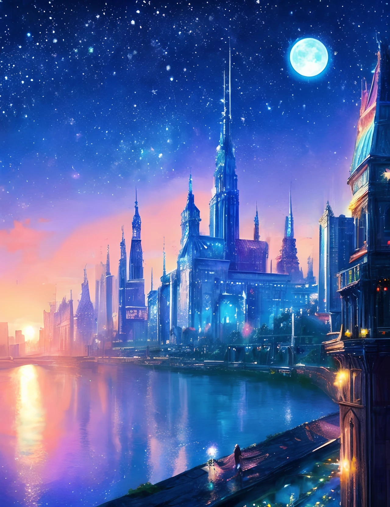 ((A girl who is depicted subjectively looking up in profile))、((Crying girl))、Profile girls、The colorful Metropolitan Museum of Art in the background、River painting with stars and moon in rainbow sky、the met、Shining skyscrapers、Shine across the board、Skyscrapers、Concept art inspired by Mitsuoki Tosa、pixiv contest winners、top-quality、Fantasyart、beautiful anime scene、Bright moon、Moonlit star environment、Dream painting、Anime Background Art、Fantasy landscape art、fantasy knight、anime backgrounds、background artwork、Fantastic art、atmospheric anime、starrysky、Detail has been enhanced。