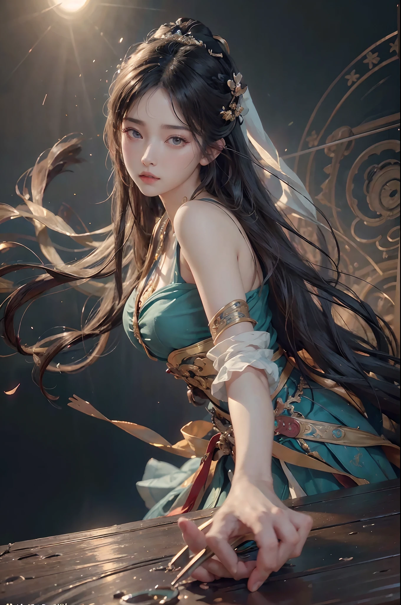 (RAW photo, best quality), (realistic, photo-realistic:1.3),best quality,highly detailed,masterpiece,ultra-detailed,illustration,1girl,upper_body,dynamic angle,world masterpiece theater,messy_long_hair,best quality,extremely detailed CG unity 8k wallpaper,ink,Amazing,cinematic lighting,lens_flare,,dunhuang_style