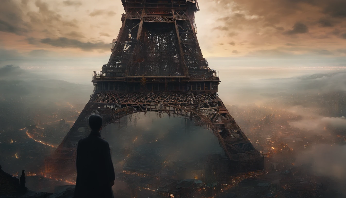 (Best quality,4K,8K,A high resolution,Masterpiece:1.2),Ultra-detailed,(Realistic,Photorealistic,photo-realistic:1.37), The boy stood at the top of a tall tower, Narrow towers, No way, （Look down from the boy's point of view），（Stand at the top of the tower），The towers sway from side to side, Terrifying, On his own, Detailed tower structure, Dark and looming sky, The boy's eyes were filled with fear, Trembling hands, Realistic depiction of the height and thickness of the tower, Strong winds blowing, There are no other living souls around, Vast emptiness, A spiral staircase leading to the top, Rust and rot, eerie silence, Extreme altitude causes vertigo, The supernatural thinness of the tower, Dense fog obscures view, creepy atmosphera, A sense of imminent danger, The boy's heart pounded in his chest.