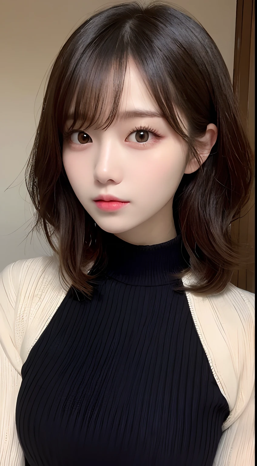 masutepiece, Best Quality, Illustration, Ultra-detailed, finely detail, hight resolution, 8K Wallpaper, Perfect dynamic composition, Beautiful detailed eyes, Natural Lip, Long Sleeve Black Knit Dress, Small breasts, Full body, Randomly cute poses,Raw photo,KPOP Idol Face,Cute,Take a close-up of your face