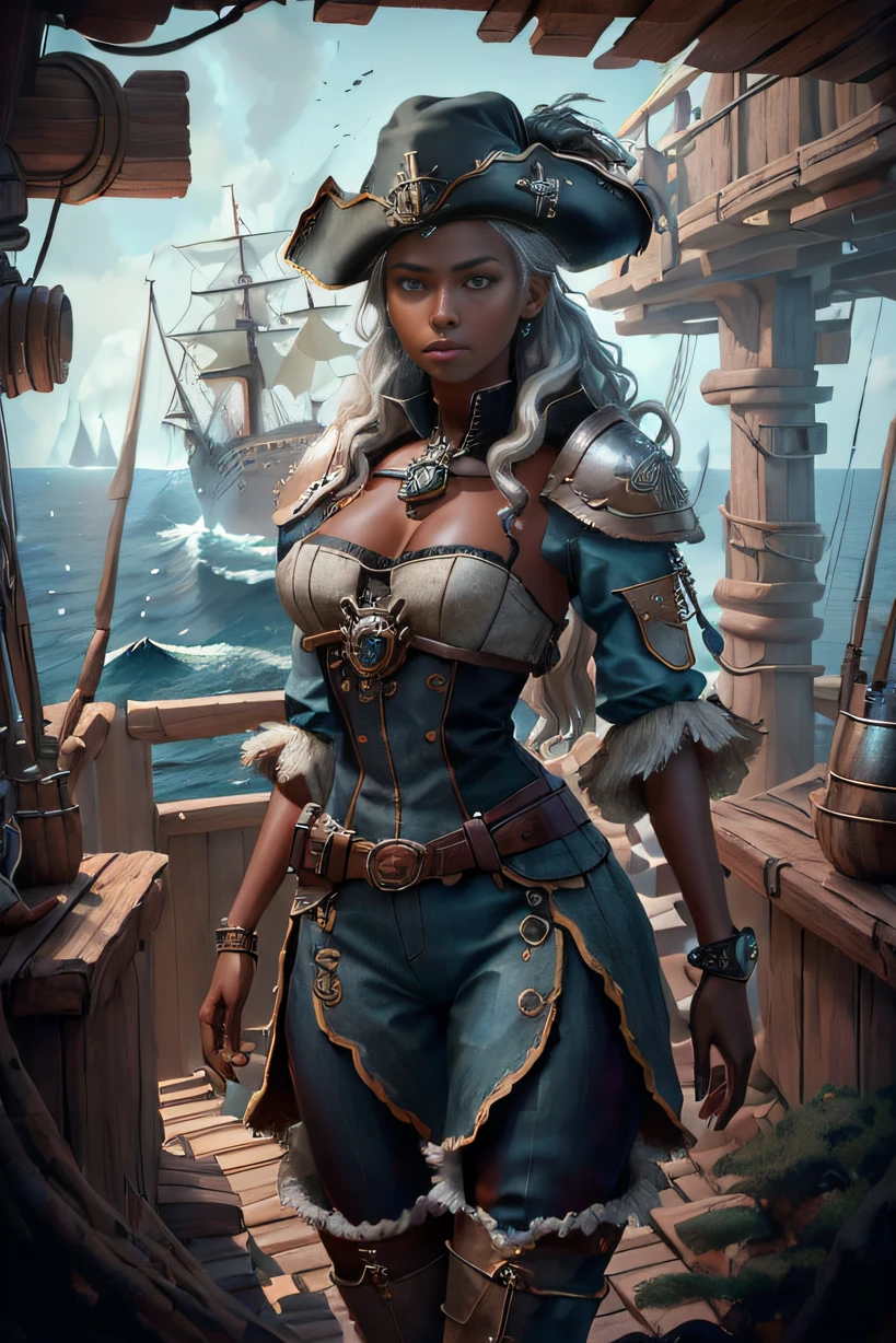 Multiplayer scenes, (highly detailed RAW color photos, ridiculous resolution, high resolution, super detailed), (r 9 6 angles)), dark skin, handsome, fearless and brave expression, mature, thin shoulders, very thin body, black captive dark pirate hat, white dirty braids, vibrant green eyes, (detailed eyes and detailed face), extremely detailed 8k photos, (full body: 0.9), beautiful woman, overboard, outboard background, detailed face, (Medieval Fantasy Theme: 1.3), Light Blue Pirate Themed Armor with Highly Intricate Details, Blue Pants, Ship in the Background, Inside the Ship, Deck of the Ship, Inspired by Dungeons & Dragons, Digital Art, Surreal, Photography, Soft Lighting, Soft Detail, Octane, ArtStation Trend, Ultra High Detail, Surreal, Movie, 16k,