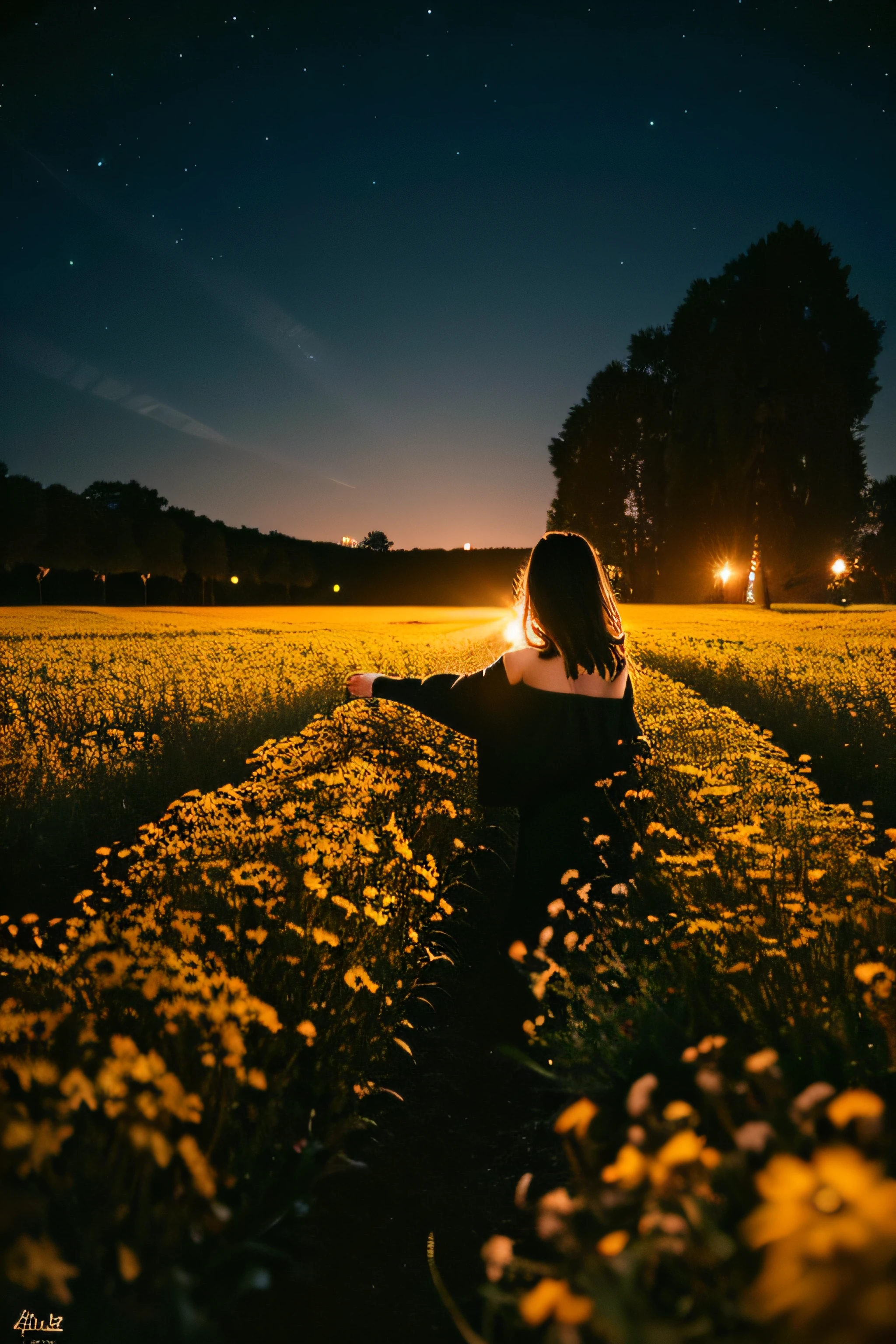 night shot, Surreal, flower  field, Stars, Overhead, a closeup, High resolution, Hyper-Realism, Long exposure,　Silhouette: Woman Alone、(Rear view:1.3),、Looking over your shoulder at sunset、 The best Leica cameras, Best Leica Lenses, Ultra HD, 32K, Photo, poster for, a portrait photo of, conceptual art, Wildlife Photography