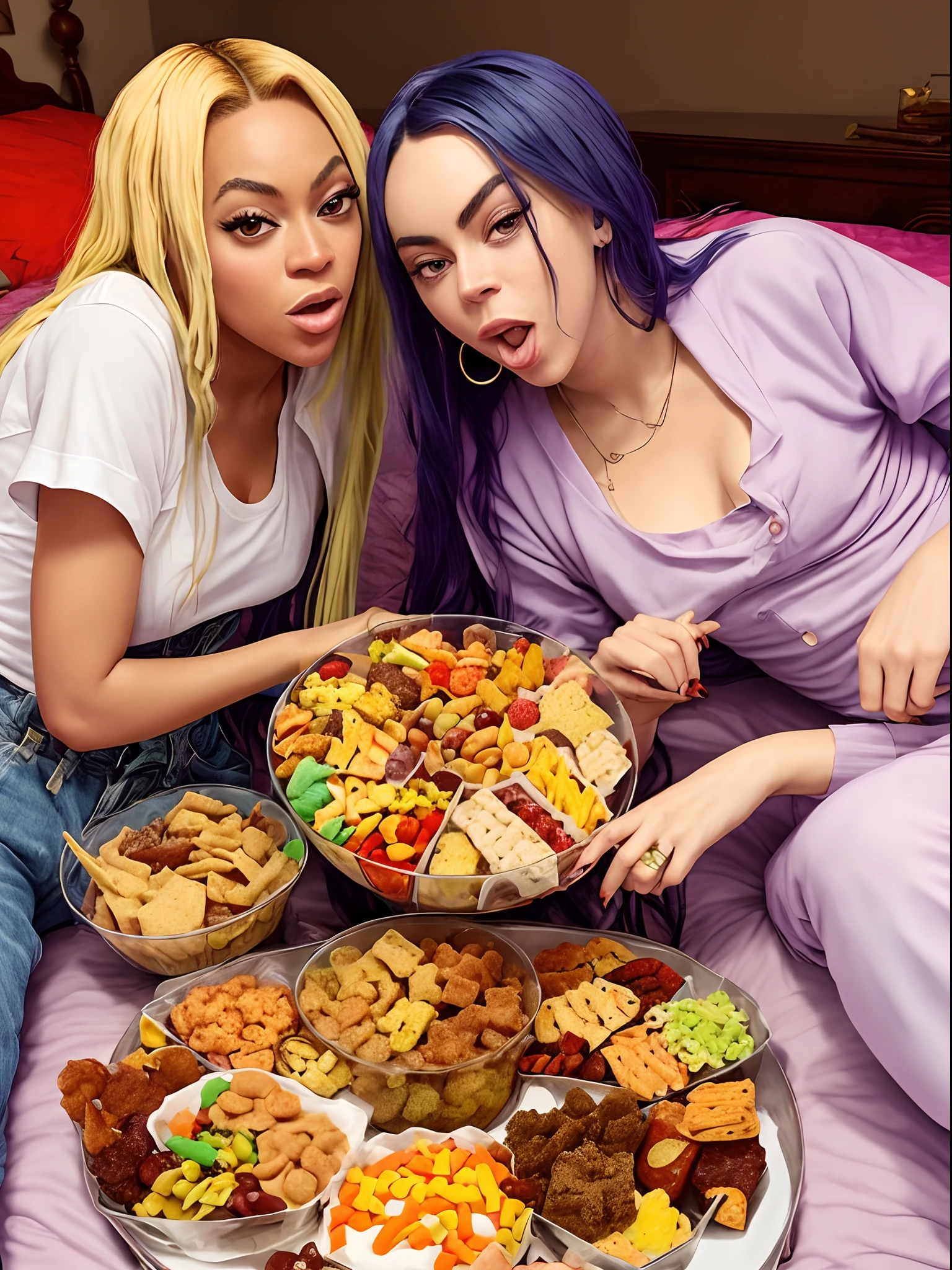 Beyonce and Billie eilish eating large amounts of junk food on a bed