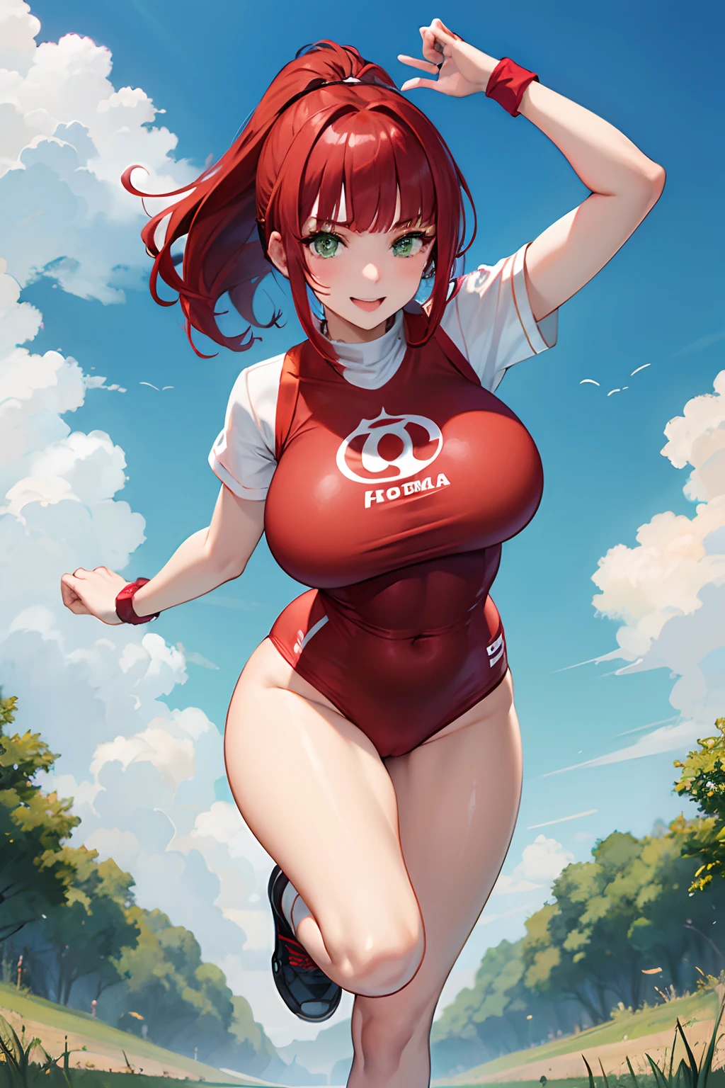 jungfreud,1girl, short hair,ponytail,wavy hair,red hair,blunt bangs,green eyes,jungfreud,1girl, short hair,ponytail,wavy hair,red hair,blunt bangs,green eyes, short sleeves,red leotard under clothes, wristband, leg warmers,shoes,jungfreud,1girl, short hair,ponytail,wavy hair,red hair,blunt bangs,green eyes, big breasts、big butts、stare、Masterpiece、hight resolution、running、marason、Front composition、a park、ssmile、A smile in the sky、Front composition、running、Breast shaking
