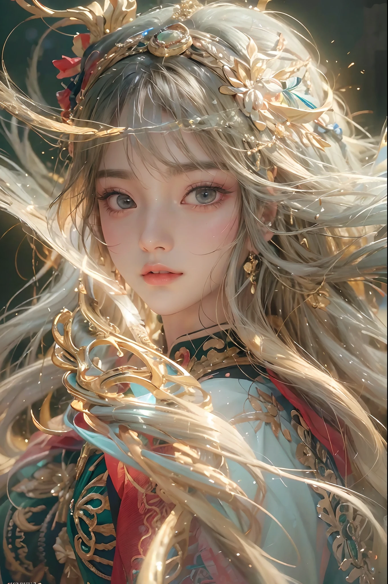 (RAW photo, best quality), (realistic, photo-realistic:1.3),best quality,highly detailed,masterpiece,ultra-detailed,illustration,1girl,upper_body,dynamic angle,world masterpiece theater,messy_long_hair,best quality,extremely detailed CG unity 8k wallpaper,ink,Amazing,cinematic lighting,lens_flare,,dunhuang_style