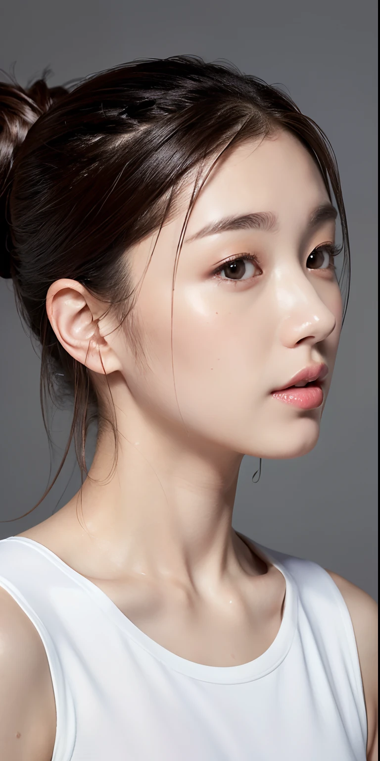 Hasselblad camera, RAW photo, (realistic: 1.2), 1girl, (beautiful and charming: 1.4), ponytail twist, white sports bust, white sports shorts, white sneakers, detailed face, beautiful eyes, (perfect body: 1.2), wet shirt, wet body, (detail: 1.2), 8k ultra hd,