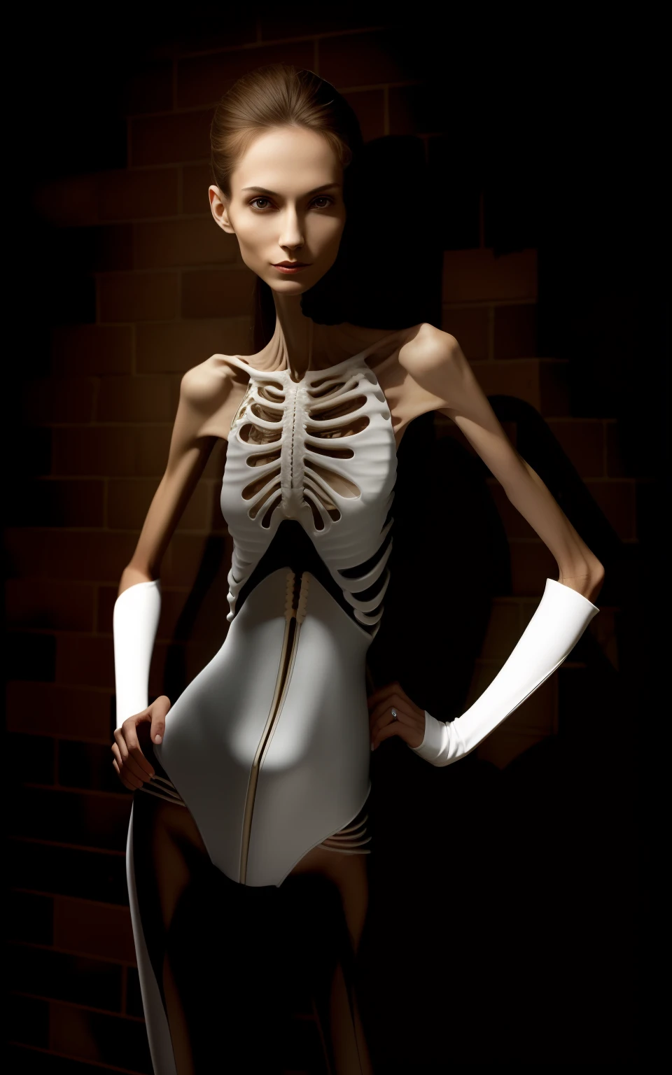 Extremely hungry skinny woman, A thin body,wearing bodysuit,The ribs are noticeable,The pelvis is pronounced,White skin of the,Very slender waist and leg expression,Thin figure,Sunken abdomen
