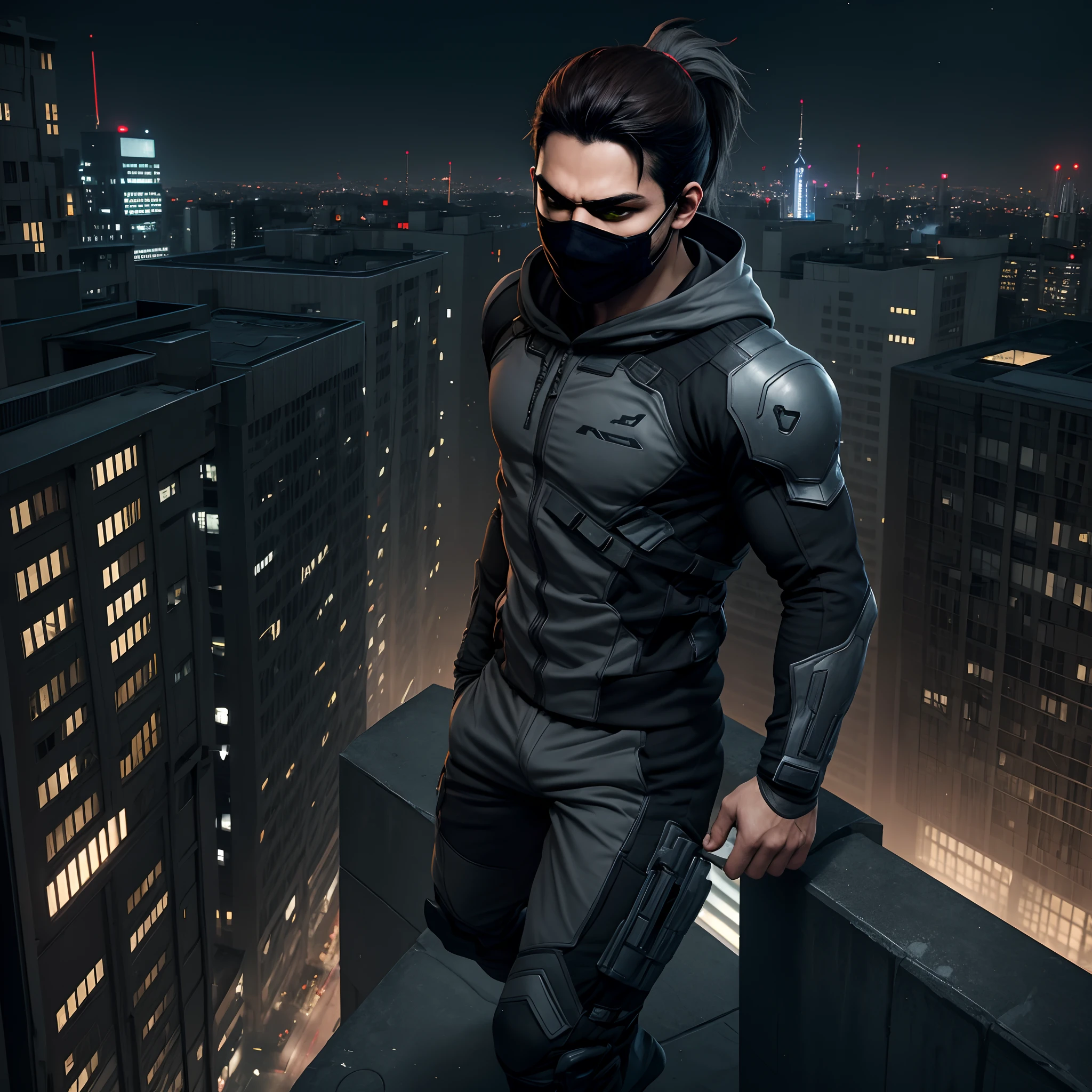 1male, solo, child, short brown ponytail, grey eyes, loose parkour clothing, combat suit with hood, mask, night city, standing on rooftop