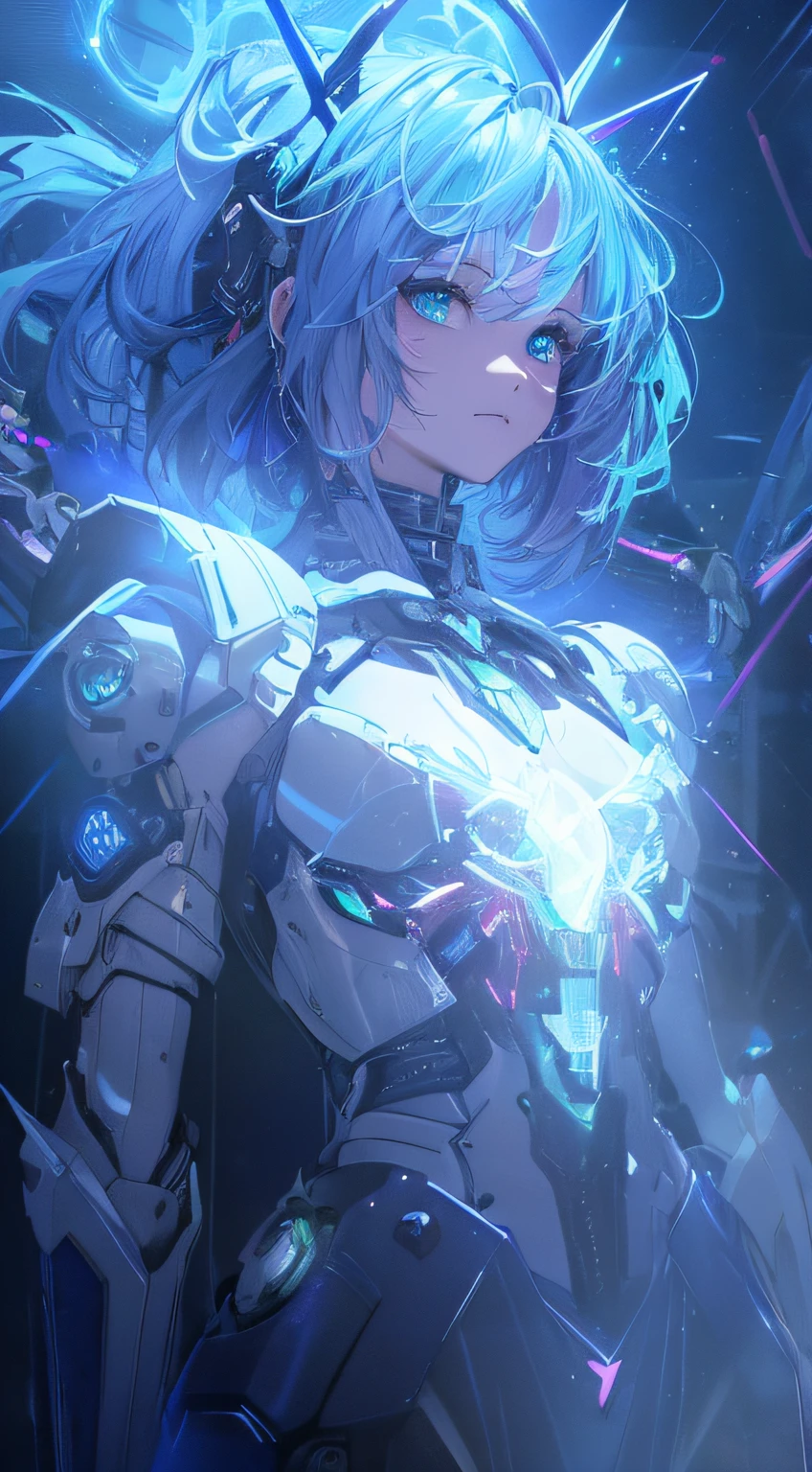 light particles, halo, (bioluminescent:0.95), bioluminescent, piercing glare, vibrant, (((colourful))), color, (glowing, glow), reflection light, depth of field, from behind, multiple views, delicated best quality, (((masterpiece))), ((best quality)), ((ultra-detailed)), (CG illustration), (an extremely devious and beautiful)), cinematic light, ((1 mechanical girl)), (white, blue hair), (short hair), (green eyes), (purple lips), (absurdly large silver robe), single, full, mechanical halo,star halo,intricate mechanical bodysuit, mecha corset, (full armor: yalow and white), (machine-made joints: 1.4), ((mechanical limbs)), ( blood vessels attached to the tube), ((mechanical spine attached to the back)), ((mechanical cervical vertebrae attached to the neck), ((combat stance)), expressionless, (wires and cables attached to the head and body: 1.5), (character focus), science fiction, apocalypse, glow, (full shoot body:1.1)