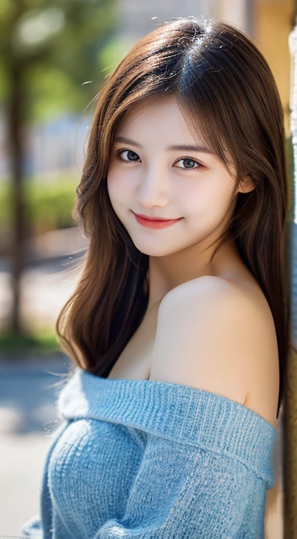 Innocent 16 year old girl、((Wearing off-the-shoulder,pose sensual)),Smile,Beautiful brown long cut,Raw photo, (in 8K、top-quality、​masterpiece:1.2)、(intricate detailes:1.4)、(Photorealsitic:1.4)、Studio Soft Light, Rim Lights, vibrant detail, super detailing, realistic skin textures, Detail Face, Beautiful detail eyes, Very detailed CG Unity 16k wallpaper, make - up, (detailedbackground:1.1), shinny skin, ,beutiful breast,((Full body drawing))