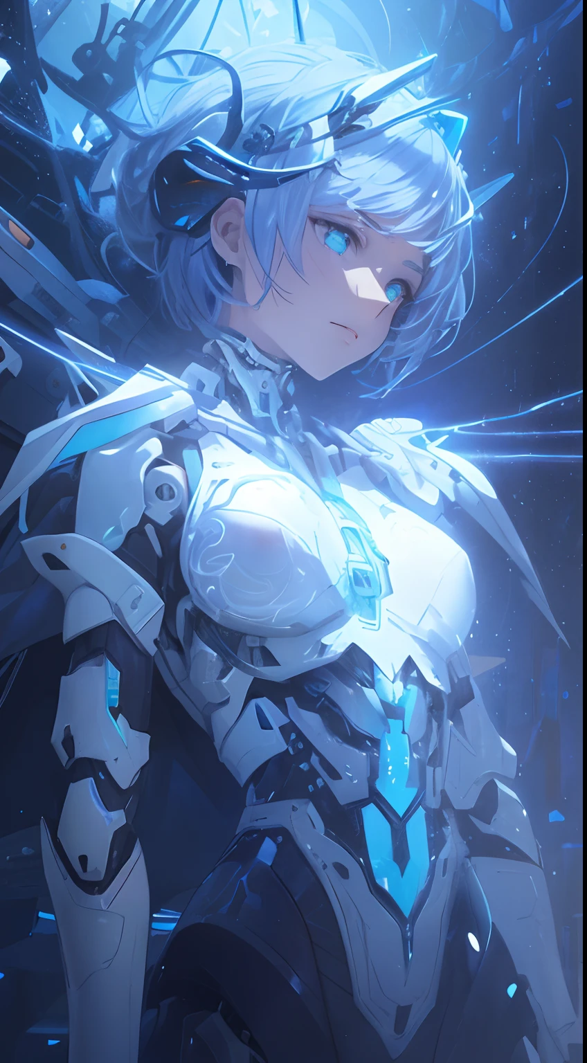 light particles, halo, (bioluminescent:0.95), bioluminescent, piercing glare, vibrant, (((colourful))), color, (glowing, glow), reflection light, depth of field, from behind, multiple views, delicated best quality, (((masterpiece))), ((best quality)), ((ultra-detailed)), (CG illustration), (an extremely devious and beautiful)), cinematic light, ((1 mechanical girl)), (white, blue hair), (short hair), (green eyes), (purple lips), (absurdly large silver robe), single, full, mechanical halo,star halo,intricate mechanical bodysuit, mecha corset, (full armor: yalow and white), (machine-made joints: 1.4), ((mechanical limbs)), ( blood vessels attached to the tube), ((mechanical spine attached to the back)), ((mechanical cervical vertebrae attached to the neck), ((combat stance)), expressionless, (wires and cables attached to the head and body: 1.5), (character focus), science fiction, apocalypse, glow, (full shoot body:1.1)
