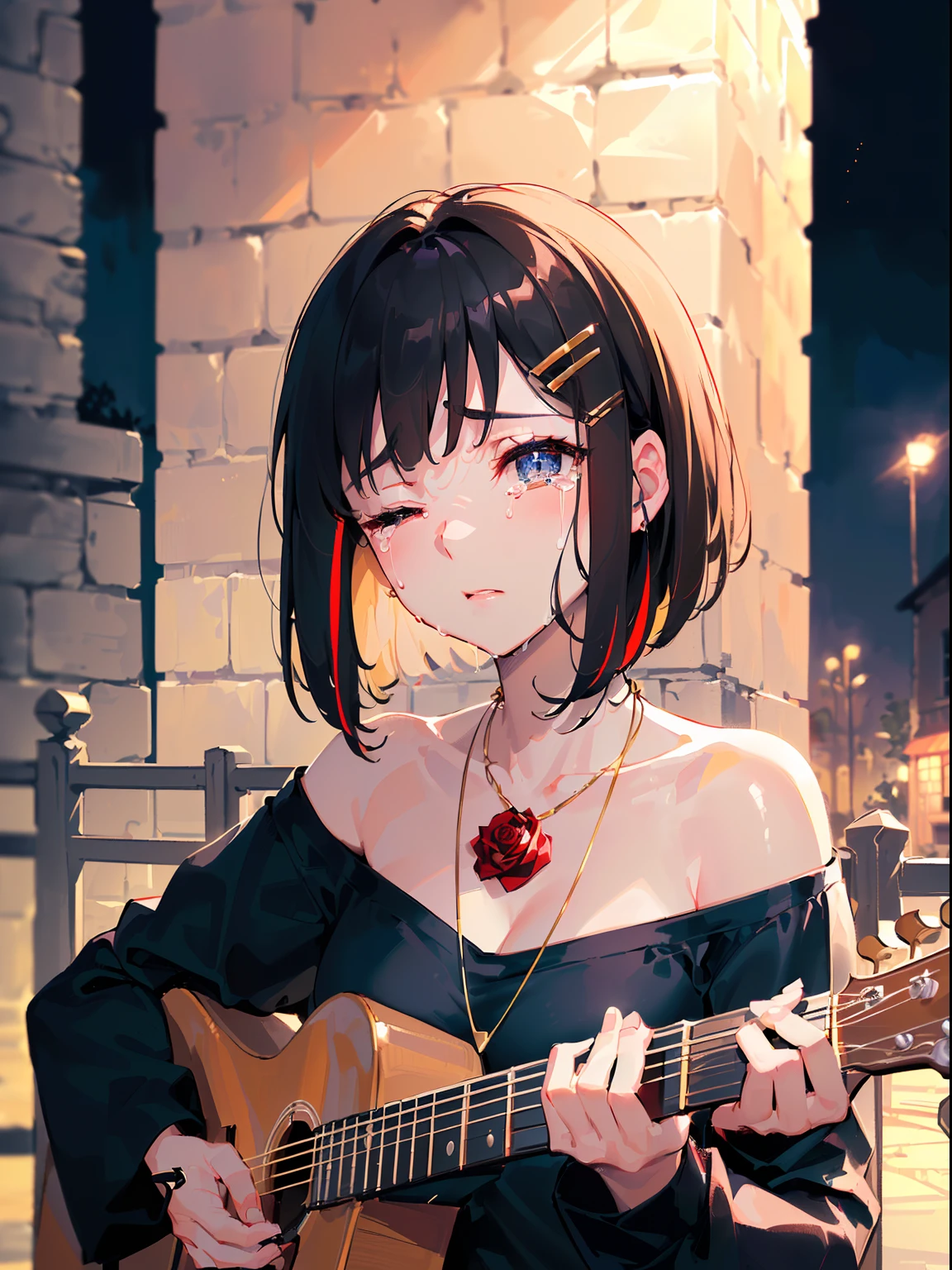 ((((Staring,imminent kiss,WAI KISSING,Crying with eyes closed,))))((Playing guitar,guitar,))(Masterpiece illustration,Beautiful and aesthetic:1.2,Target the audience,From below), Best quality,Top quality, Epic quality,((((Fence wall,Rose,En plein air,))))(Moonlight,Moon glare, god light,))Neat face,underage,mature,Beautiful detailed hair,Brown hair,hyper HD, retinas, Textured skin, A high resolution, 16k ,((hair pin,Steep bangs,side locks,Short hair,Large bow in hair)),Detailed face, 1JK, Lady,Solo, Perfect face, Very amazing girl,((cropped shoulders,Long sleeves,Black T-shirt,Striped padding,amber necklaces)),rim-light