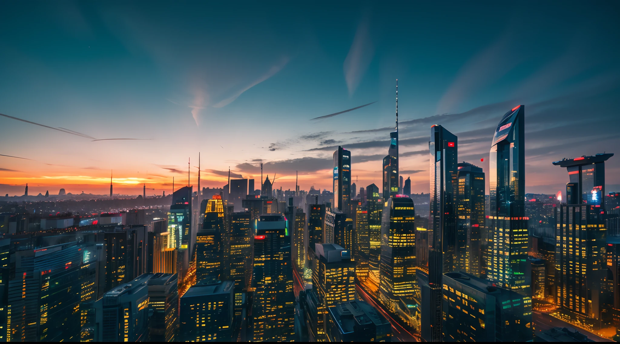 Sci-fi City, Futuristic style, sunset, landscape, cityscape, 4k, ultrahigh quality, detailed