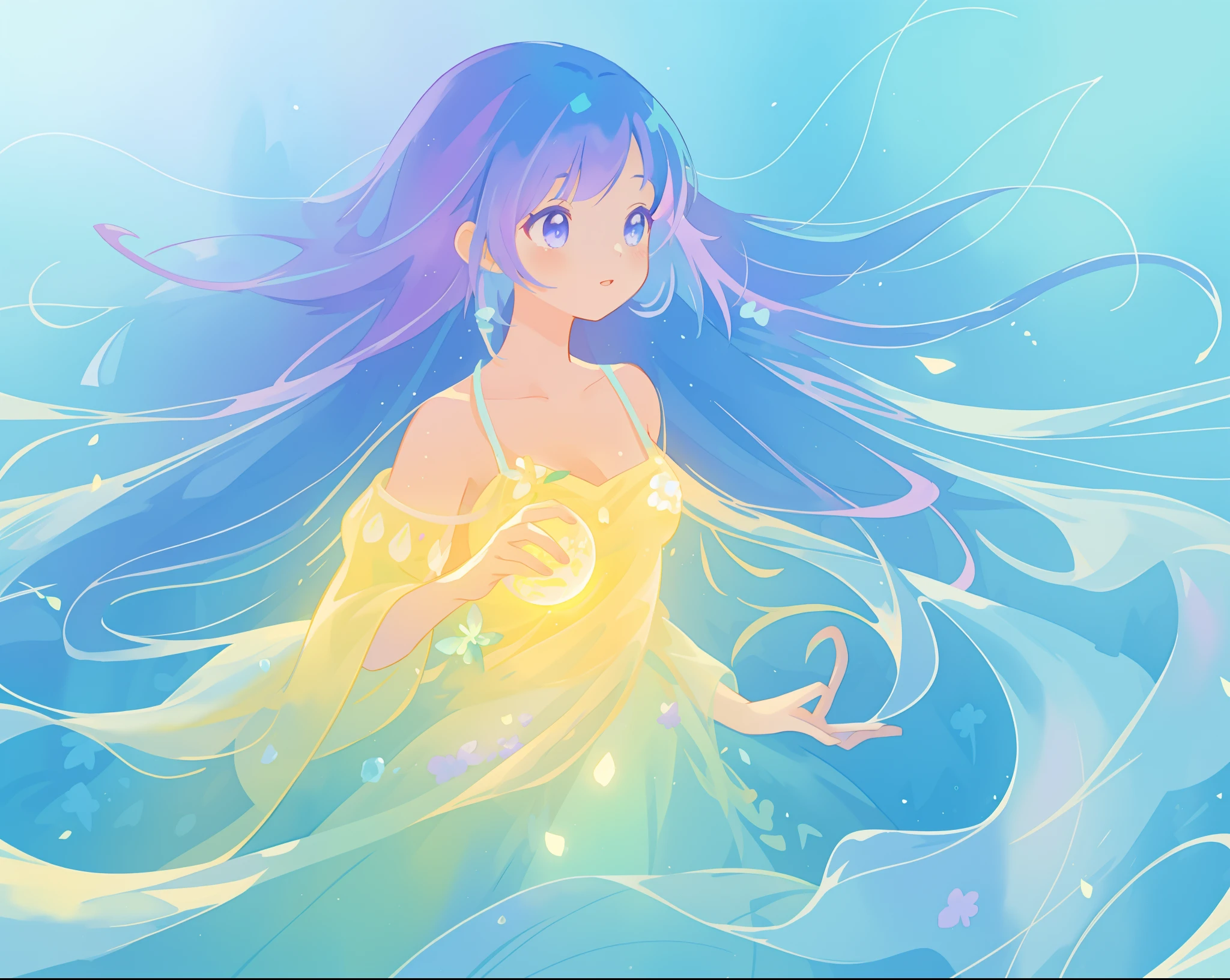 beautiful girl in yellow mint gradient flowing ballgown, long flowing blue purple hair, colorful fantasia background, watercolor illustration, disney art style, glowing aura around her, glowing lights, beautiful digital illustration, fantasia otherworldly landscape plants flowers, beautiful, masterpiece, best quality, anime disney style