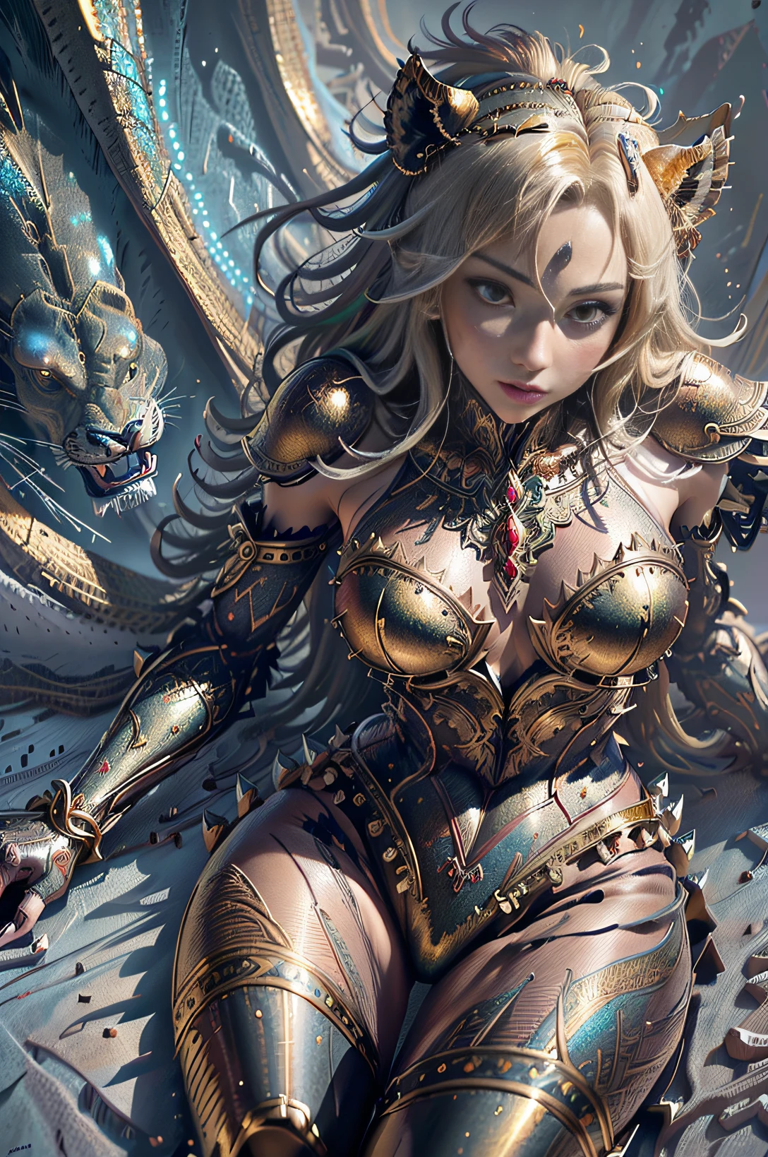 Tips: (masutepiece), Full Gold Knight's Armor, of the highest quality, Expressive eyes, Perfect face, Red skin, Scales on the legs and arms, Lion Lady, water magic, Palm spell spell, 8K_Wallpaper, Highly detailed eyes, extra detailed body, extremely detailed fingers, (Major masterpieces of digital art), (Detailed Manga Illustration), (detailed line art), (Perfect)) Anatomy, best hand)), (intricate detailes: 1.3), (Very detailed: 1.3 ), (Illustration :1.3), (Sharp Focus:1.3), (Natural light:1.05), (bright colour:1.3),
