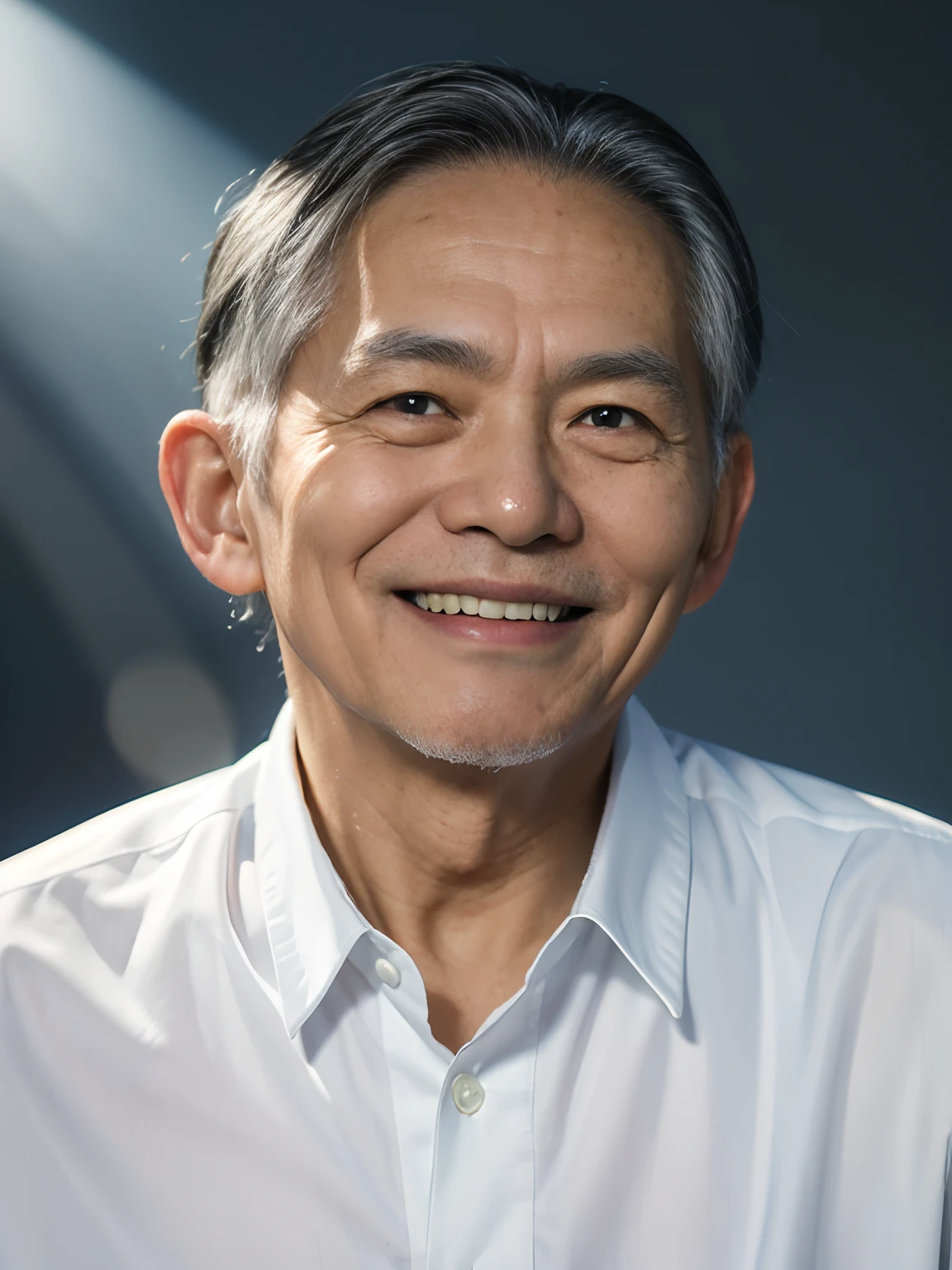 ((masterpiece), (best quality), (raw photo), (photorealistic:1.4), Highly realistic photo, Portrait photo of a 85-year-old Vietnamese old man),silver black hair, (smile with open teeth), ((wear white shirts)),The light from above shines down (dark blue background), photo taken in 1975 by Fujifilm XT3